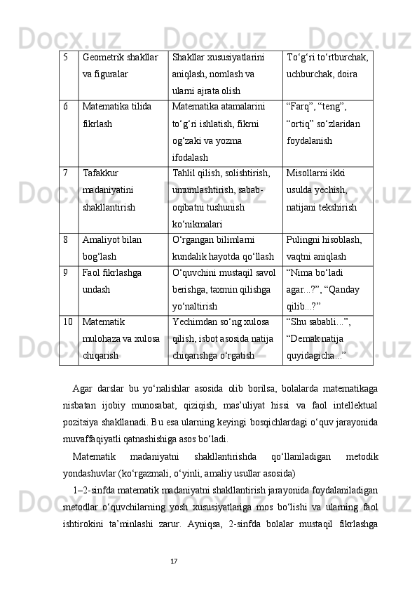 175 Geometrik shakllar 
va figuralar Shakllar xususiyatlarini 
aniqlash, nomlash va 
ularni ajrata olish To‘g‘ri to‘rtburchak,
uchburchak, doira
6 Matematika tilida 
fikrlash Matematika atamalarini 
to‘g‘ri ishlatish, fikrni 
og‘zaki va yozma 
ifodalash “Farq”, “teng”, 
“ortiq” so‘zlaridan 
foydalanish
7 Tafakkur 
madaniyatini 
shakllantirish Tahlil qilish, solishtirish, 
umumlashtirish, sabab-
oqibatni tushunish 
ko‘nikmalari Misollarni ikki 
usulda yechish, 
natijani tekshirish
8 Amaliyot bilan 
bog‘lash O‘rgangan bilimlarni 
kundalik hayotda qo‘llash Pulingni hisoblash, 
vaqtni aniqlash
9 Faol fikrlashga 
undash O‘quvchini mustaqil savol 
berishga, taxmin qilishga 
yo‘naltirish “Nima bo‘ladi 
agar...?”, “Qanday 
qilib...?”
10 Matematik 
mulohaza va xulosa 
chiqarish Yechimdan so‘ng xulosa 
qilish, isbot asosida natija 
chiqarishga o‘rgatish “Shu sababli...”, 
“Demak natija 
quyidagicha...”
Agar   darslar   bu   yo‘nalishlar   asosida   olib   borilsa,   bolalarda   matematikaga
nisbatan   ijobiy   munosabat,   qiziqish,   mas’uliyat   hissi   va   faol   intellektual
pozitsiya shakllanadi. Bu esa ularning keyingi bosqichlardagi o‘quv jarayonida
muvaffaqiyatli qatnashishiga asos bo‘ladi.  
Matematik   madaniyatni   shakllantirishda   qo‘llaniladigan   metodik
yondashuvlar (ko‘rgazmali, o‘yinli, amaliy usullar asosida)
1–2-sinfda matematik madaniyatni shakllantirish jarayonida foydalaniladigan
metodlar   o‘quvchilarning   yosh   xususiyatlariga   mos   bo‘lishi   va   ularning   faol
ishtirokini   ta’minlashi   zarur.   Ayniqsa,   2-sinfda   bolalar   mustaqil   fikrlashga