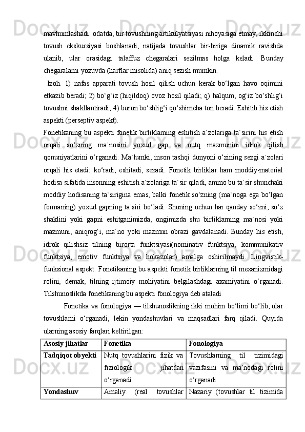 mavhumlashadi: odatda, bir tovushning artikulyatsiyasi nihoyasiga etmay, ikkinchi
tovush   ekskursiyasi   boshlanadi,   natijada   tovushlar   bir-biriga   dinamik   ravishda
ulanib,   ular   orasidagi   talaffuz   chegaralari   sezilmas   holga   keladi.   Bunday
chegaralarni yozuvda (harflar misolida) aniq sezish mumkin.
  Izoh.   1)   nafas   apparati   tovush   hosil   qilish   uchun   kerak   bo‘lgan   havo   oqimini
etkazib beradi; 2) bo‘g‘iz (hiqildoq) ovoz hosil qiladi; q) halqum, og‘iz bo‘shlig‘i
tovushni shakllantiradi; 4) burun bo‘shlig‘i qo‘shimcha ton beradi. Eshitib his etish
aspekti (perseptiv aspekt). 
Fonetikaning  bu   aspekti   fonetik   birliklarning  eshitish   a`zolariga   ta`sirini   his   etish
orqali   so‘zning   ma`nosini   yoxud   gap   va   nutq   mazmunini   idrok   qilish
qonuniyatlarini o‘rganadi.   Ma`lumki, inson tashqi  dunyoni o‘zining sezgi  a`zolari
orqali   his   etadi:   ko‘radi,   eshitadi,   sezadi.   Fonetik   birliklar   ham   moddiy-material
hodisa sifatida insonning eshitish a`zolariga ta`sir qiladi, ammo bu ta`sir shunchaki
moddiy hodisaning ta`sirigina emas, balki fonetik so‘zning (ma`noga ega bo‘lgan
formaning) yoxud gapning ta`siri bo‘ladi. Shuning uchun har qanday so‘zni, so‘z
shaklini   yoki   gapni   eshitganimizda,   ongimizda   shu   birliklarning   ma`nosi   yoki
mazmuni,   aniqrog‘i,   ma`no   yoki   mazmun   obrazi   gavdalanadi.   Bunday   his   etish,
idrok   qilishsiz   tilning   birorta   funktsiyasi(nominativ   funktsiya,   kommunikativ
funktsiya,   emotiv   funktsiya   va   hokazolar)   amalga   oshirilmaydi.   Lingvistik-
funksional aspekt. Fonetikaning bu aspekti fonetik birliklarning til mexanizmidagi
rolini,   demak,   tilning   ijtimoiy   mohiyatini   belgilashdagi   axamiyatini   o‘rganadi.
Tilshunoslikda fonetikaning bu aspekti fonologiya deb ataladi 
                 Fonetika va fonologiya — tilshunoslikning ikki muhim bo‘limi bo‘lib, ular
tovushlarni   o‘rganadi,   lekin   yondashuvlari   va   maqsadlari   farq   qiladi.   Quyida
ularning asosiy farqlari keltirilgan:
Asosiy jihatlar Fonetika Fonologiya
Tadqiqot obyekti Nutq   tovushlarini   fizik   va
fiziologik   jihatdan
o‘rganadi Tovushlarning   til   tizimidagi
vazifasini   va   ma’nodagi   rolini
o‘rganadi
Yondashuv Amaliy   (real   tovushlar Nazariy   (tovushlar   til   tizimida 