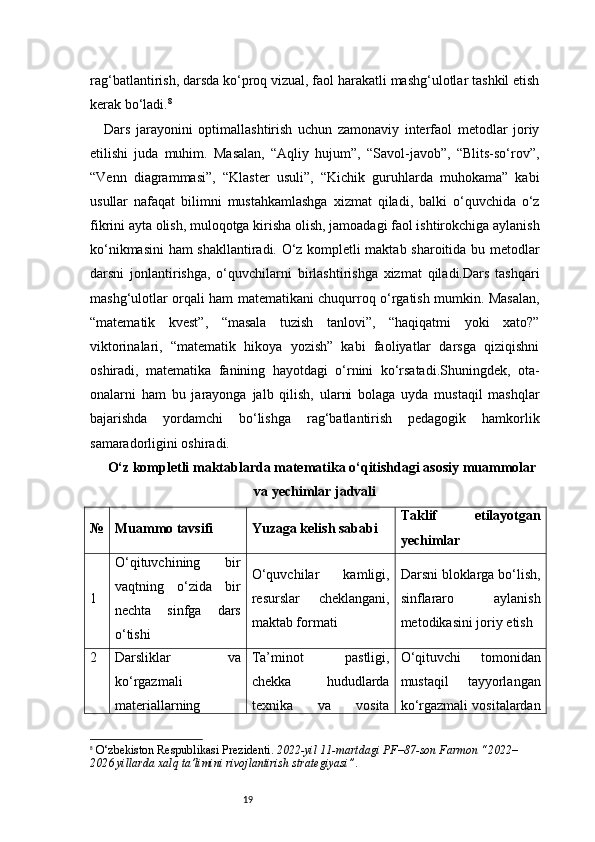 19rag‘batlantirish, darsda ko‘proq vizual, faol harakatli mashg‘ulotlar tashkil etish
kerak bo‘ladi. 8
Dars   jarayonini   optimallashtirish   uchun   zamonaviy   interfaol   metodlar   joriy
etilishi   juda   muhim.   Masalan,   “Aqliy   hujum”,   “Savol-javob”,   “Blits-so‘rov”,
“Venn   diagrammasi”,   “Klaster   usuli”,   “Kichik   guruhlarda   muhokama”   kabi
usullar   nafaqat   bilimni   mustahkamlashga   xizmat   qiladi,   balki   o‘quvchida   o‘z
fikrini ayta olish, muloqotga kirisha olish, jamoadagi faol ishtirokchiga aylanish
ko‘nikmasini ham shakllantiradi. O‘z kompletli maktab sharoitida bu metodlar
darsni   jonlantirishga,   o‘quvchilarni   birlashtirishga   xizmat   qiladi.Dars   tashqari
mashg‘ulotlar orqali ham matematikani chuqurroq o‘rgatish mumkin. Masalan,
“matematik   kvest”,   “masala   tuzish   tanlovi”,   “haqiqatmi   yoki   xato?”
viktorinalari,   “matematik   hikoya   yozish”   kabi   faoliyatlar   darsga   qiziqishni
oshiradi,   matematika   fanining   hayotdagi   o‘rnini   ko‘rsatadi.Shuningdek,   ota-
onalarni   ham   bu   jarayonga   jalb   qilish,   ularni   bolaga   uyda   mustaqil   mashqlar
bajarishda   yordamchi   bo‘lishga   rag‘batlantirish   pedagogik   hamkorlik
samaradorligini oshiradi.
O‘z kompletli maktablarda matematika o‘qitishdagi asosiy muammolar
va yechimlar jadvali
№ Muammo tavsifi Yuzaga kelish sababi Taklif   etilayotgan
yechimlar
1 O‘qituvchining   bir
vaqtning   o‘zida   bir
nechta   sinfga   dars
o‘tishi O‘quvchilar   kamligi,
resurslar   cheklangani,
maktab formati Darsni bloklarga bo‘lish,
sinflararo   aylanish
metodikasini joriy etish
2 Darsliklar   va
ko‘rgazmali
materiallarning Ta’minot   pastligi,
chekka   hududlarda
texnika   va   vosita O‘qituvchi   tomonidan
mustaqil   tayyorlangan
ko‘rgazmali vositalardan
8
  O‘zbekiston Respublikasi Prezidenti.  2022-yil 11-martdagi PF–87-son Farmon “2022–
2026 yillarda xalq ta’limini rivojlantirish strategiyasi” . 