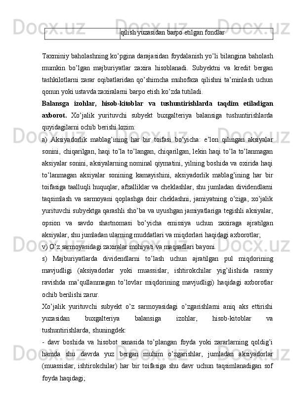 qilish yuzasidan barpo etilgan fondlar
Taxminiy baholashning ko’pgina darajasidan foydalanish yo’li bilangina baholash
mumkin   bo’lgan   majburiyatlar   zaxira   hisoblanadi.   Subyektni   va   kredit   bergan
tashkilotlarni   zarar   oqibatlaridan   qo’shimcha   muhofaza   qilishni   ta’minlash   uchun
qonun yoki ustavda zaxiralarni barpo etish ko’zda tutiladi.
Balansga   izohlar,   hisob-kitoblar   va   tushuntirishlarda   taqdim   etiladigan
axborot.   Xo’jalik   yurituvchi   subyekt   buxgalteriya   balansiga   tushuntirishlarda
quyidagilarni ochib berishi lozim:
a)   Aksiyadorlik   mablag’ining   har   bir   toifasi   bo’yicha:   e’lon   qilingan   aksiyalar
sonini, chiqarilgan, haqi  to’la to’langan, chiqarilgan, lekin haqi  to’la to’lanmagan
aksiyalar sonini, aksiyalarning nominal qiymatini, yilning boshida va oxirida haqi
to’lanmagan   aksiyalar   sonining   kamayishini,   aksiyadorlik   mablag’ining   har   bir
toifasiga taalluqli huquqlar, afzalliklar va cheklashlar, shu jumladan dividendlarni
taqsimlash   va   sarmoyani   qoplashga   doir   cheklashni,   jamiyatning   o’ziga,   xo’jalik
yurituvchi subyektga qarashli sho’ba va uyushgan jamiyatlariga tegishli aksiyalar,
opsion   va   savdo   shartnomasi   bo’yicha   emissiya   uchun   zaxiraga   ajratilgan
aksiyalar, shu jumladan ularning muddatlari va miqdorlari haqidagi axborotlar;
v) O’z sarmoyasidagi zaxiralar mohiyati va maqsadlari bayoni.
s)   Majburiyatlarda   dividendlarni   to’lash   uchun   ajratilgan   pul   miqdorining
mavjudligi   (aksiyadorlar   yoki   muassislar,   ishtirokchilar   yig’ilishida   rasmiy
ravishda   ma’qullanmagan   to’lovlar   miqdorining   mavjudligi)   haqidagi   axborotlar
ochib berilishi zarur.
Xo’jalik   yurituvchi   subyekt   o’z   sarmoyasidagi   o’zgarishlarni   aniq   aks   ettirishi
yuzasidan   buxgalteriya   balansiga   izohlar,   hisob-kitoblar   va
tushuntirishlarda‚ shuningdek:
-   davr   boshida   va   hisobot   sanasida   to’plangan   foyda   yoki   zararlarning   qoldig’i
hamda   shu   davrda   yuz   bergan   muhim   o’zgarishlar,   jumladan   aksiyadorlar
(muassislar,   ishtirokchilar)   har   bir   toifasiga   shu   davr   uchun   taqsimlanadigan   sof
foyda haqidagi; 