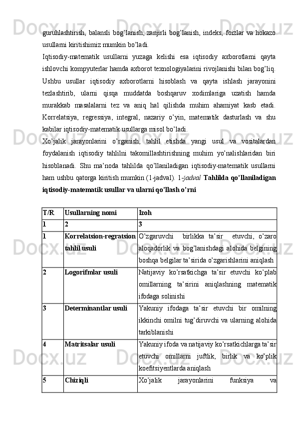 guruhlashtirish,   balansli   bog’lanish,   zanjirli   bog’lanish,   indeks,   foizlar   va   hokazo
usullarni kiritishimiz mumkin bo’ladi. 
Iqtisodiy-matematik   usullarni   yuzaga   kelishi   esa   iqtisodiy   axborotlarni   qayta
ishlovchi kompyuterlar hamda axborot texnologiyalarini rivojlanishi bilan bog’liq.
Ushbu   usullar   iqtisodiy   axborotlarni   hisoblash   va   qayta   ishlash   jarayonini
tezlashtirib,   ularni   qisqa   muddatda   boshqaruv   xodimlariga   uzatish   hamda
murakkab   masalalarni   tez   va   aniq   hal   qilishda   muhim   ahamiyat   kasb   etadi.
Korrelatsiya,   regressiya,   integral,   nazariy   o’yin,   matematik   dasturlash   va   shu
kabilar iqtisodiy-matematik usullarga misol bo’ladi. 
Xo’jalik   jarayonlarini   o’rganish,   tahlil   etishda   yangi   usul   va   vositalardan
foydalanish   iqtisodiy   tahlilni   takomillashtirishning   muhim   yo’nalishlaridan   biri
hisoblanadi.   Shu   ma’noda   tahlilda   qo’llaniladigan   iqtisodiy-matematik   usullarni
ham ushbu qatorga kiritish mumkin (1-jadval). 1 -jadval   Tahlilda qo’llaniladigan
iqtisodiy-matematik usullar va ularni qo’llash o’rni 
 
T/R  Usullarning nomi  Izoh 
1  2  3 
1  Korrelatsion-regratsion
tahlil usuli  O’zgaruvchi     birlikka   ta’sir     etuvchi,   o’zaro
aloqadorlik   va   bog’lanishdagi   alohida   belgining
boshqa belgilar ta’sirida o’zgarishlarini aniqlash 
2  Logorifmlar usuli  Natijaviy   ko’rsatkichga   ta’sir   etuvchi   ko’plab
omillarning   ta’sirini   aniqlashning   matematik
ifodaga solinishi 
3  Determinantlar usuli  Yakuniy   ifodaga   ta’sir   etuvchi   bir   omilning
ikkinchi omilni tug’diruvchi va ularning alohida
tarkiblanishi 
4  Matritsalar usuli  Yakuniy ifoda va natijaviy ko’rsatkichlarga ta’sir
etuvchi   omillarni   juftlik,   birlik   va   ko’plik
koefitsiyentlarda aniqlash 
5  Chiziqli Xo’jalik   jarayonlarini   funksiya   va 