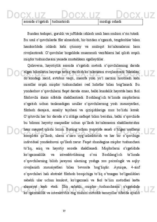 19asosida o‘rgatish tushuntirish mosligi oshadi
Bundan tashqari, guruhli va juftlikda ishlash usuli ham muhim o‘rin tutadi.
Bu usul o‘quvchilarda fikr almashish, bir-biridan o‘rganish, tengdoshlar bilan
hamkorlikda   ishlash   kabi   ijtimoiy   va   muloqot   ko‘nikmalarini   ham
rivojlantiradi.   O‘quvchilar   birgalikda   muammoli   vazifalarni   hal   qilish   orqali
miqdor tushunchasini yanada mustahkam egallaydilar.
Qolaversa,   hayotiylik   asosida   o‘rgatish   metodi   o‘quvchilarning   darsda
olgan bilimlarini hayotga tatbiq eta olish ko‘nikmasini rivojlantiradi. Masalan,
do‘kondagi   xarid,   avtobus   vaqti,   masofa   yoki   yo‘l   narxini   hisoblash   kabi
misollar   orqali   miqdor   tushunchalari   real   holatlar   bilan   bog‘lanadi.   Bu
yondashuv o‘quvchilarni faqat darsda emas, balki kundalik hayotda ham faol
fikrlovchi   shaxs   sifatida   shakllantiradi.   Boshlang‘ich   ta’limda   miqdorlarni
o‘rgatish   uchun   tanlanadigan   usullar   o‘quvchilarning   yosh   xususiyatlari,
fikrlash   darajasi,   amaliy   tajribasi   va   qiziqishlariga   mos   bo‘lishi   kerak.
O‘qituvchi har bir darsda o‘z oldiga nafaqat bilim berishni, balki o‘quvchida
bu   bilimni   hayotiy   maqsadlar   uchun   qo‘llash   ko‘nikmasini   shakllantirishni
ham   maqsad   qilishi   lozim.   Buning   uchun   yuqorida   sanab   o‘tilgan   usullarni
kompleks   qo‘llash,   ularni   o‘zaro   uyg‘unlashtirish   va   har   bir   o‘quvchiga
individual yondashuvni qo‘llash zarur. Faqat shundagina miqdor tushunchasi
to‘liq,   aniq   va   hayotiy   asosda   shakllanadi.   Miqdorlarni   o‘rgatishda
ko‘rgazmalilik   va   interaktivlikning   o‘rni   Boshlang‘ich   ta’limda
o‘quvchilarning   bilish   jarayoni   ularning   yoshga   xos   psixologik   va   aqliy
rivojlanish   xususiyatlari   bilan   bevosita   bog‘liqdir.   Ayniqsa,   4-sinf
o‘quvchilari   hali   abstrakt   fikrlash   bosqichiga   to‘liq   o‘tmagan   bo‘lganliklari
sababli   ular   uchun   konkret,   ko‘rgazmali   va   faol   ta’lim   metodlari   katta
ahamiyat   kasb   etadi.   Shu   sababli,   miqdor   tushunchasini   o‘rgatishda
ko‘rgazmalilik va interaktivlik eng muhim metodik tamoyillar sifatida ajralib 