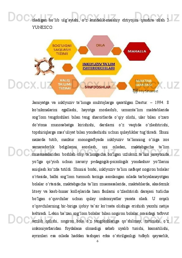 oladigan   bo lib   ulg ayishi,   o z   kundalik-maishiy   ehtiyojini   qondira   olish   2ʻ ʻ ʻ
YUNESCO: 
Jamiyatga   va   inklyuziv   ta’limga   muhtojlarga   qaratilgan   Dastur.   –   1994.   8
ko nikmalarini   egallashi,   hayotga   moslashib,   umumta’lim   maktablarida	
ʻ
sog lom   tengdoshlari   bilan   teng   sharoitlarda   o qiy   olishi,   ular   bilan   o zaro
ʻ ʻ ʻ
do stona   munosabatga   kirishishi,   darslarni   o z   vaqtida   o zlashtirishi,
ʻ ʻ ʻ
topshiriqlarga mas’uliyat bilan yondashishi uchun qulayliklar tug diradi. Shuni	
ʻ
nazarda   tutib,   mazkur   monografiyada   inklyuziv   ta’limning   o ziga   xos	
ʻ
samaradorlik   belgilarini   asoslash,   uni   oiladan,   maktabgacha   ta’lim
muassasalaridan   boshlab   oliy   ta’limgacha   bo lgan   uzluksiz   ta’lim   jarayonida	
ʻ
yo lga   qo yish   uchun   zaruriy   pedagogik-psixologik   yondashuv   yo llarini	
ʻ ʻ ʻ
aniqlash ko zda tutildi. Shunisi borki, inklyuziv ta’lim nafaqat nogiron bolalar	
ʻ
o rtasida,   balki   sog lom   turmush   tarziga   asoslangan   oilada   tarbiyalanayotgan	
ʻ ʻ
bolalar   o rtasida,   maktabgacha   ta’lim   muassasalarida,   maktablarda,   akademik	
ʻ
litsey   va   kasb-hunar   kollejlarida   ham   fanlarni   o zlashtirish   darajasi   turlicha	
ʻ
bo lgan   o quvchilar   uchun   qulay   imkoniyatlar   yarata   oladi.   U   orqali	
ʻ ʻ
o quvchilarning   bir-biriga   ijobiy   ta’sir   ko rsata   olishiga   erishish   yaxshi   natija
ʻ ʻ
keltiradi. Lekin ba’zan sog lom bolalar bilan nogiron bolalar orasidagi tafovut	
ʻ
sezilib   qolishi,   nogiron   bola   o z   tengdoshlariga   qo shilmay,   tortinishi,   o z	
ʻ ʻ ʻ
imkoniyatlaridan   foydalana   olmasligi   sabab   uyalib   turishi,   kamsitilishi,
ayrimlari   esa   oilada   haddan   tashqari   erka   o stirilganligi   tufayli   qaysarlik,	
ʻ
6 