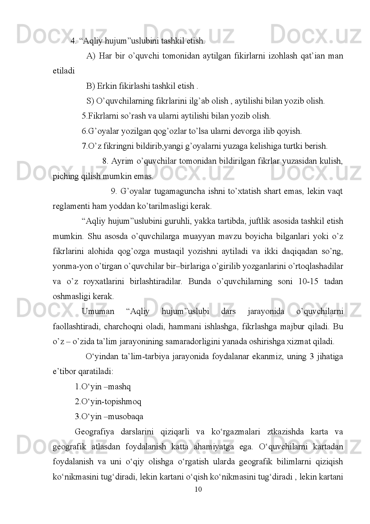 Kirish
Geografiya   darslarida   zamonaviy   axborot   texnologiyalaridan   foydalanish   va
pedagogik texnologiyalarni qo’llash, mashg’ulot  samaradorligi uchun ko‘rgazmali
materiallardan   foydalanish,   savol-javoblar   o‘tkazish,   mavzu   uchun   metodik
ochqich vazifasini bajaruvchi elementlarni topa olish bilan xarakterlanadi. 
O’quv   –   tarbiya   jarayonida   pedagogik   texnologiyalarning   to’g’ri   joriy
etilishi   o’qituvchining   bu   jarayonda   asosiy   tashkilotchi   yoki   maslahatchi   sifatida
faoliyat   yuritishiga   olib   keladi.   Bu   esa     talaba     (o’quvchilar)   dan   ko’proq
mustaqillikni,   ijodni   va   irodaviy   sifatlarni   talab   etadi.   Har   qanday   pedagogik
texnologiyalarning   o’quv   –   tarbiya   jarayonida   ham   qo’llanilishi   shaxsiy
xarakterdan   kelib   chiqqan   holda,     talaba     (o’quvchilar)ni   kim   o’qitayotgan   va
kimni o’qitayotganiga bog’liq.
Pedagogik   texnologiyalar   asosida   o’tkazilgan   mashg’ulotlar   yoshlarning
muhim   hayotiy   yutuq   va   muammolariga   o’z   munosabatlarini   bildirishlariga
intilishlarini   qondirib,   ularni   fikrlashga   nuqtai   –   nazarlarini   asoslashga   imkoniyat
yaratadi. 
Hozirgi   davrda   sodir   bo’layotgan   innavatsion   jarayonlar   ta’lim   tizimi
oldidagi   muammolarni   hal   etish   uchun   yangi   axborotni   o’zlashtirish   va
o’zlashtirgan   bilimlarni   o’zlari   tomondan   baholashga   qodir,   zarur   qarorlar   qabul
qiluvchi, mustaqil va erkin fikrlaydigan shaxslar kerak.
Shuning   uchun   ham,   ta’lim   muassasalarining   o’quv   –   tarbiyaviy
jarayonlarida   zamonaviy   o’qitish   uslublari   interfaol   uslublar,   innavatsion
texnologiyalarning o’rni va ahamiyati beqiyosdir.   
2 