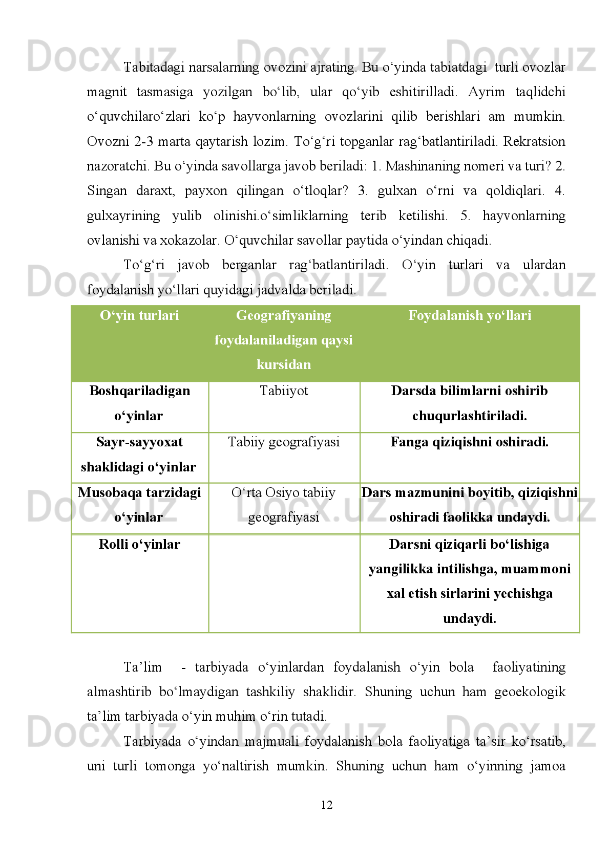 tog‘larning   paydo   bо‘lishi,   tashqi   kuchlar   tasirida     yemirilish,   platformalar,
qalqonlar va boshqa xodisalar haqidagi bilimlar beriladi.
Shuningdek, iqlim va uni hosil qiluvchi omillar bilan tanishtiriladi. Shundan
sо‘ng О‘rta Osiyo geografiyasida soat mintaqalari, geologik sanalar, platformalar,
yer yuzasining paleogeografik taraqqiyoti, quyosh radiatsiyasi, atmosfera frontlari,
siklon     va   antiksiklon,   bug‘lanish   va   namlik   koeffitsiyenti,   daryo   vodiysining
taraqqiyoti,   yer   osti   va   yer   usti   suvlari,   tuproqlarning   paydo   bо‘lishi   va   turlari,
tabiat   boyliklaridan   foydalanish   va   ularni   muhofaza   qilish   tushunchalarini
egallaydilar,   hamda   kartografik   proyeksiyalar,   geografik   xodisa   va   obyektlarning
kartada   tasvirlanishi,   geologik,   tektonik,   sinoptik   kartalar   va   shular   yuzasida
mashqlar   bajariladi.   Tabiatda   hodisalarini   kuzatish   О‘zbekiston   geografiyasida
ham muhim ahamiyat kasb etadi.
О‘zbekiston tabiiy geografiyasi О‘rta Osiyo tabiiy geografiyasining tarkibiy
qismi   bо‘lib,   О‘zbekiston   tabiiy   geografiyasi   о‘rganilayotganda     mamlakatimiz
tabiiy     sharoiti   boshqa     mamlakatga,   yoki   dunyo   miqyoslab   ilmiy   asosda
о‘rganiladi.   Bunda   о‘quvchilarning   fikrlash   qobiliyati   о‘stirilib,   amaliy   kо‘nikma
hosil   qilinadi.   О‘zbekiston   geografiyasida   о‘quvchilarda     ilmiy   dunyoqarashni
shakllantirish estetik did va ijodiy qobiliyatni rivojlantirish kabi ishlar ham kiradi.
Ilmiy   dunyo   qarashni   shakllantirish   respublikamiz   tabiiy   sharoitini
о‘rganishdan   boshlanadi.   О‘quvchilar   geografik   unsurlar,   tog‘   jinslari,   relyef
shakllari,   yer   usti   va   yer   osti   suvlari,   о‘simlik   va   hayvonot   dunyosini     bir-biriga
bog‘liqligi,   о‘zaro   ta’sir   etib,   tabiiy   sharoitni   tarkib   topishini     bilib   oladilar.
Masalan,   О‘zbekiston   hududida     g‘arbda   past     tekislik,   sharqda   tog‘lar   kо‘p.
Bundan   tashqari   toqqa   chiqqan   sari   harorat   pasayadi,   yog‘in   ortadi,     о‘simlik,
iqlim, tuproq о‘zgaradi. О‘zbekistonning  tekislik  qismida yog‘in kam, bug‘lanish
kо‘p.   О‘zbekiston   geografiyasini   о‘rganishda   о‘quvchi   tabiiy     jismlar,   xodisalar
uzluksiz о‘zgarib turishga ishonch hosil qiladi.
Bunga   yil   fasllari   davomida   tog‘   jinslarining   yemirilishi,   suv   tasirida
vodiylarning   vujudga   kelganligi,   allyuvial   tekisliklarning   hosil   bо‘lishiga   sabab
bо‘ladi. Relyef  , foydali  qazilmalariga о‘rganilayotgan tektonik tuzilma ham tasir
4 