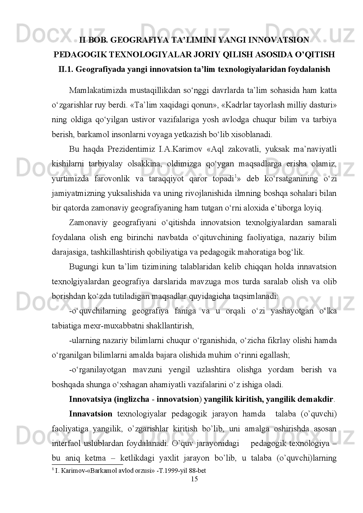 o‘qitish metodikasi” o‘quv kursini o‘tish ham qarz ham farzdir. Yangi iqtisodiyot
va   servis   kollejlarida   “Iqtisodiy   geografiya”,   “Rekreatsion   geografiya”   yoki
“Turizm   geografiyasi”ni   o‘tish   foydadan   holi   emas.   Bu   bilan   biz   o‘quvchilarga
mehnat faoliyatlarida kerakli bo‘lgan geografik bilim va ko‘nikma berayapmiz. 
Shu   vaqtgacha   an’anaviy   ta’limda   talaba     (o’quvchilar)ni   faqat   tayyor   bilimlarni
egallashga   o’rgatilib   kelingan   edi.   Bunday   usul   talaba     (o’quvchilar)   da   mustaqil
fikrlash,   ijodiy   izlanish,   tashabbuskorlikni   so’ndirar   edi.   Hozirgi   kunda   ta’lim
jarayonida   interfaol   uslublar   (innavatsion   pedagogik   va   axborot
texnologiyalari)dan   foydalanib,   ta’limning   samaradorligini   ko’tarishga   bo’lgan
qiziqish,   e’tibor   kundan-   kunga   kuchayib   bormoqda.   Zamonaviy   texnologiyalar
qo’llanilgan     mashg’ulotlar   talaba     (o’quvchilar)   egallayotgan   bilimlarni   o’zlari
qidirib   topishlariga,   mustaqil   o’rganib,   tahlil   qilishlariga,   hatto   xulosalarni   ham
o’zlari   keltirib   chiqarishlariga   qaratilgan.   O’qituvchi   bu   jarayonda   shaxs   va
jamoaning   rivojlanishi,   shakllanishi,   bilim   olishi   va   tarbiyalanishiga   sharoit
yaratadi,   shu   bilan   bir   qatorda   boshqaruvchilik,   yo’naltiruvchilik   vazifasini
bajaradi. Bunday o’quv jarayonida talaba  (o’quvchilar) asosiy figuraga aylanadi.
Pedagog   –   olimlarning   yillar   davomida   ta’lim   tizimida   Nega   o’qitamiz?   Nimaga
o’qitamiz?   Qanday   o’qitamiz?   Savollariga   javob   izlash   bilan   bir   qatorda   qanday
qilib samarali va natijali o’qitish mumkin? – degan savoliga ham javob qidirdilar.
Bu   esa,   olim   va   amaliyotchilarni   o’quv   jarayonini   texnologiyalashtirishga,   ya’ni
o’qitishni   ishlab - chiqarishga oid aniq, kafolatlangan natija beradigan texnologik
jarayonga aylantirishga urunib ko’rish mumkin, degan fikrga olib keldi. 
7 