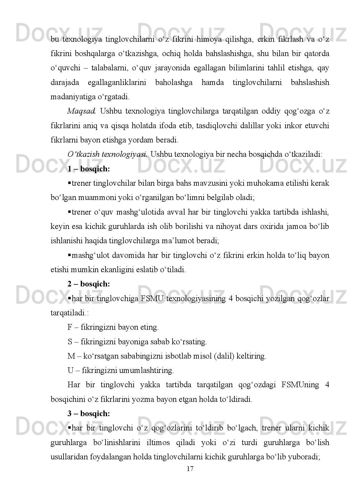 Bu   uslubni   amalga   oshirishda   o’qituvchi,o’quvchilar   darsni   tashkil   etishda
yakka juft,holatda amalga oshiriladi.
O’qituvchi   interaktiv   uslubni   amalga   oshirish   uchun   puxta   tayyorgarlik
ko’rish kerak:
1. Sinf xonasi dars jarayoni uchun tayyor bo’lish kerak. Kerakli materiallar
oldindan tayyorlanishi lozim.
2. Bu jarayonni amalga oshirishda vaqtni o’quvchilar bilan kelishilgan holda
to’g’ri taqsimlash lozim.
3.   O’quvchilar   guruhlarga   bo’lishda   birinchi   ixtiyoriy   holat,   keyin   esa
tasodifiy   holatga   bo’lish   kerak   .   Chunki   yaxshi,   aktiv   o’quvchilar   bir   guruhga
to’planib qolishi mumkin . Buni oldini olish lozim .
4.   Darsda   o’quvchilarni   guruhlarda   bo’lishda,   o’quvchilarning   psixologik
holatini  hisobga  olish  kerak.    Bu  jaroyonni   tashkil   etish  juda nozik  bo’lib,  darsni
qanday   o’tishni   belgilab   beradi.   Dastlab   o’quvchilar   birdaniga   darsga   kirib
ketishga tayyor bo’lmaydilar .  
5.Fan   o’qituvchisining   mahorati   o’quvchilarni   o’ziga   jalb   eta   olish,
so’zlashuv   odobi,   nutqining   qandaydir   o’ziga   hosligi   keyingi   darslarda   ham   shu
uslublardan foydalanish kerakligini o’quvchilarda shakllantirish lozim .
“Aqliy hujum “ uslubi
Maskur uslub muayyan mavzu yuzasidan berilgan . muommolar hal etishda
yaxshi   natija   beradigan   uslub   hisoblanadi.U   dars   jaroyoni   ishtirokchilarning
muommo xususida   keng   va   har   tomonlama   fikr   yuritish   uchun   hamda   o’z
tasavurlari   va   g’oyalaridan   ijobiy   foydalanish   borasida   ma’lum   ko’nikma   hama
malakalar hosil qilishda  rag’batlanitiriladi .
Dars   jarayoni   muvaffaqiyatli   kechishi   uchun   quyidagi   tartibda   tashkil   etish
mumkin .
1. O’quchilarni darsda aktiv qatnashishini tashkil etish .
2.   Mavzuga   oid   g’oyalarni   yozib   borish   uchun   ,doska   va   qog’ozlar
tayyorlash 
  3. Muommoni o’quvchilar ongiga tushunnarli qilb yetgazish 
9