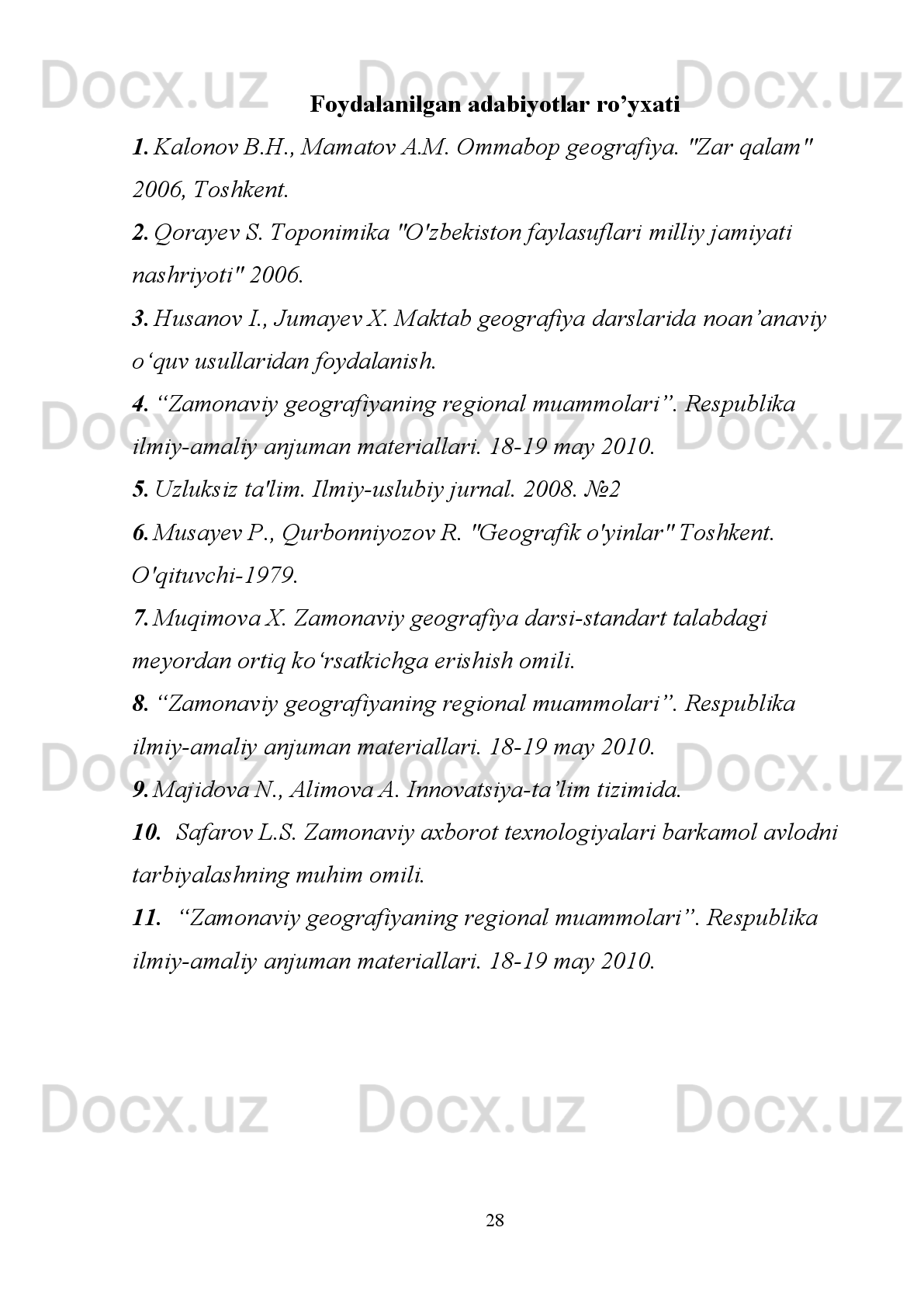 jadvallari,   profillari,   rasmlari,   ilovalari,   savollari   topshiriqlari     va   ularning
ahamiyatini   tushuntirib,   topshiriqlari   va   ularning   ahamiyatini   tushuntirib,   darslik
bilan   ishlash   yо‘llari   haqida   umumiy   kо‘rsatma   beradi.   Dasturga     muvofiq
ravishda,   shuningdek   darslik   yordamida   о‘quvchilarning   sinfda   va   uyda   bilim
faoliyatini   faollashtirishga   e’tibor   berilgan.   Yangi   ilmiy   tushuntirishlar   kiritish,
ishlab   chiqarishning     rivojlanishi,   joylashish   qonuniyatlari   muhim   iqtisodiy   –
geografikfaktlar   misolida   tushuntirish,   о‘quvchilarni   fan   usullari   bilan   tanishtirib
maktab iqtisodiy geografiyasi ilmiy saviyasini oshirishning eng muhim yо‘llaridir.
Darslik karta-  sxema,   diagramma,  grafik,  rasm  va  jadval   kabi  illyustratsiya
materiallariga boy. Ular darslik mazmunining tarkibiy bо‘lagi bо‘lib, о‘quvchining
obyekt   va   jarayonlarga   doir   tasavvurlarini   muayanlashtirish,   ularning   bilim
faoliyatini     faollashtirish,   mantiqiy   tafakkurini   tarbiyalash   vositasi   bо‘lib   xizmat
qiladi.   Illyustratsiya   materiallaridan   foydalanishga   о‘qituvchining   vazifasi
о‘quvchilarga   muayyan   tasavvur     yoki   tushuncha   hosil   qilish   bilan   birga
illyustratsiya faktlarni tahlil etishga taqqoslay olish usullarini о‘rgatishdan iborat.
Ishlab chiqarish jarayoni xususan turli tarmoqlarning aloqadorligini aks etgan
rasm   va   sxemalarga   alohida   ahamiyat   berish     zarur.   Ularni   tahlil   etish   geografik
tasavvur va tushunchalarni muayyanlashtiradi.
О‘zbekiston sanoatining tarkibi va qishloq xо‘jaligiga yaroqli yerlar tarkibiga
doir   diagrammalardan   ayrim   tarmoqlarning   rivojlanish   dinamikasining   tushunish
mumkin.
Darslikdagi karta-sxema darsda ham, uy topshirig‘ini bajarishda ham muhim
rol  о‘ynaydi. Ular xalq   xо‘jaligining muayyan sohasigina  bag‘ishlangan mavzuli
karta-sxemalardan,   viloyatlar   iqtisodi   aks   etitirgan   majmuali   karta-sxemalardan
iboratdir.   Karta   sxema   bilan   ishlash   о‘quvchilarga   karta   bilan   ishlash   malakasini
takomillashtiradi.   Illyustratsiya   materiallaridan   qay   о‘rinda,   qay   holda,
foydalanishni bilmoqchi bо‘lgan о‘qituvchiga darslik muayyan   yо‘llanma beradi.
Chunonchi, matn orasida berilgan “diagrammaga qarang”, “jadvalga qarang” kabi
topshiriqlar   hamda   har   bir   mavzu   oxiridagi   savol   topshiriqlar   ana   shunday
funksiyani bajaradi.
21