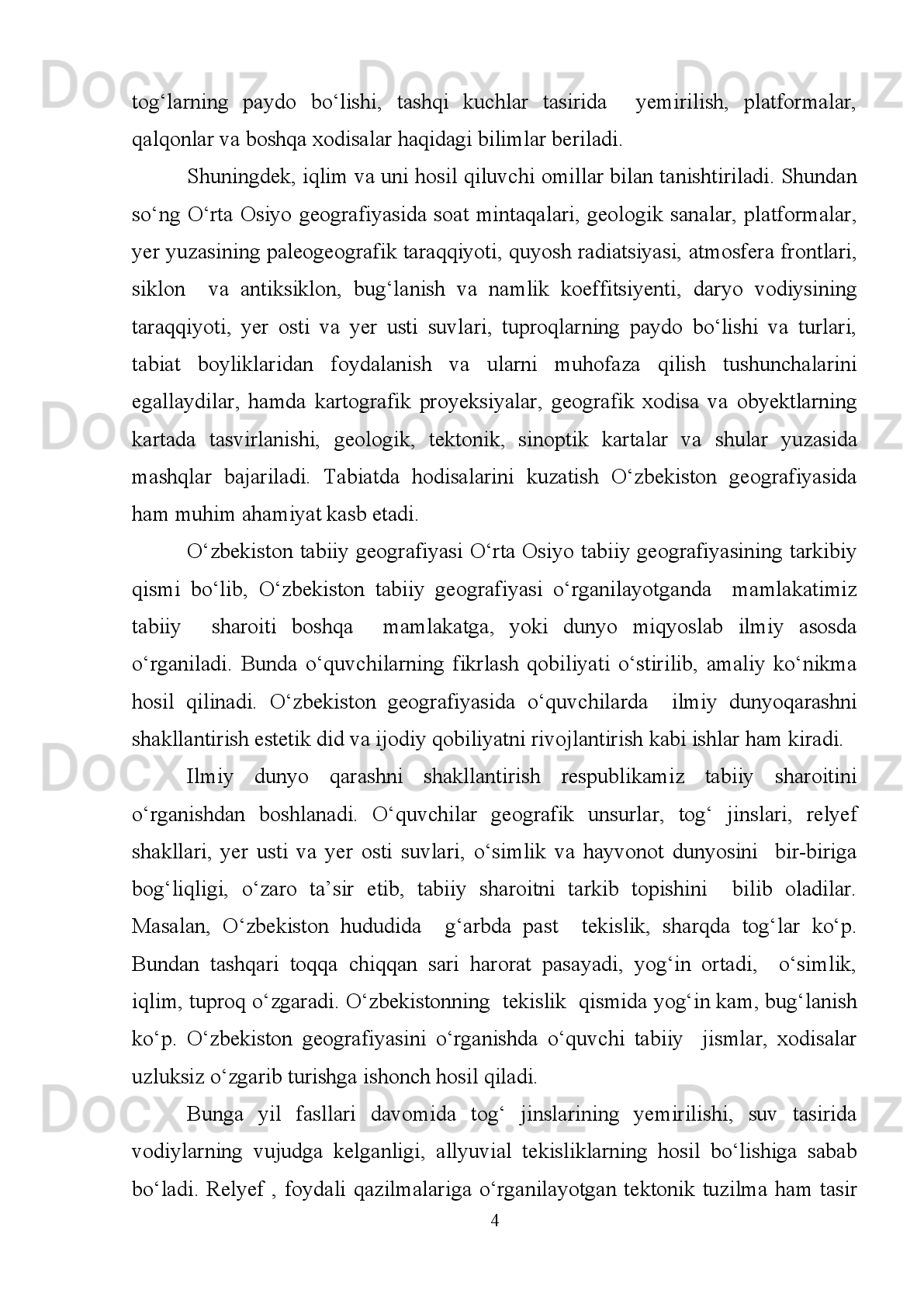 Mustaqil   ishlarning   turi   har   bir   darsning   mazmuni,   didaktik   maqsadi,
о‘quvchilarning yoshi va saviyasiga muvofiq belgilanadi. О‘zbekiston iqtisodiy va
ijtimoiy   geografiyasida   о‘quvchilar   darsda   va   uyda   bajaradigan   musaqil   ishlar
respublika   iqtisodiy   geografiyasiga   materiallarini   ongli   о‘zlashtirishga,   orttirilgan
malaka   va   kо‘nikmalarni   mustahkamlashga   qaratiladi.   Mustaqil   ishlar
о‘quvchilarni   mustaqil   xulosa   chiqarishga   fakt   va   xodisalarni   umumlashtirishga,
raqamlar,   kartografik,   materiallar   bilan   ishlashga   qancha   kо‘p   da’vat   etsa,
о‘quvchilar faktik materialni shuncha ongli о‘zlashtiradilar, binobarin, о‘rganilgan
bilim   mustahkam   bо‘ladi.   Eng   muhim   о‘quvchilarda   mustaqil   bilim   olish
kо‘nikmasi   tarkib   topadi.   Mustaqil   ishlash   о‘quvchilarni   tez   toliqtirmaydi.   Kishi
olgan bilimini muayyan malaka va kо‘nikmasiz amalda tadbiq qilish qiyin. Biron
qoidani,   yoki   biron   qonuniyatni   aytish   bilan   uni   turmushda   qо‘llash   orasida
muyayan malaka va kо‘nikma zarur. Malaka va kо‘nikma tarkib topishi uchun turli
mazmundagi  amaliy ishlar о‘tkazish kerak. Mustaqil ishlar har qancha ahamiyatga
ega bо‘lmasin uni  mezonga  rioya qilmoq lozim. О‘zbekiston iqtisodiy va ijtimoiy
geografiyasidan   mustaqil   ishlar   mezonini   belgilashda     dastur   talabidagi     darslik
asos bо‘ladi. Lekin bunda har qaysi о‘quvchining  saviyasi, xususan geografiyadan
bilim   darajasi   inobatga     olinadi.   Bu   fanni   о‘rganish   yuzasidan   о‘quvchilarning
mustaqil ishlarni tashkil etish uchun alohida imkoniyatlar mavjud. Darslikda о‘quv
materialining о‘lkashunoslik tamoyiliga muvofiq berilgani, fakt va hodisalarini bir-
biriga   solishtirib   va   umumlashtirishga   da’vat   etuvchi   savol   va   topshiriqlar   zarur
miqdorda,   о‘z   о‘rnida   berilganligini   ham   mustaqil   ishlar   alohida   qulayliklar
yaratadi.
Darsda bajariladigan ishlar quyidagilardan iborat.
A)   о‘quv   materialini   о‘quvchilar   mustaqil   о‘rganib,muayyan   xulosa
chiqarishlariga undovchi savollar
B) ilgari olingan bilimlarni о‘rganilayotgan materila bilan taqqoslash
V) darslikning illyustratsiya materiali bilan ishlash,
G) diagramma, jadval tuzish,
D) darslikdagi savol va topshiriqlarga javob tayyorlash,
23 