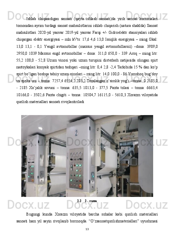 Ishlab   chiqaradigan   sanoati   (qayta   ishlash   sanoati)da   yirik   sanoat   korxonalari
tomonidan ayrim turdagi sanoat mahsulotlarini ishlab chiqarish (natura shaklda) Sanoat
mahsulotlari   2020-yil   yanvar   2019-yil   yanvar   Farqi   +/-   Gidroelektr   stansiyalari   ishlab
chiqargan elektr energiyasi – mln kVts: 17,6 4,6 13,0 Issiqlik energiyasi – ming Gkal:
13,0   13,1   -   0,1   Yengil   avtomobillar   (maxsus   yengil   avtomobillarsiz)   –dona:   3989,0
2950,0   1039   Maxsus   engil   avtomobillar   –   dona:   311,0   650,0   -   339   Aroq   –   ming   litr:
55,2   108,0   -   52,8   Uzum   vinosi   yoki   uzum   turupini   disterlash   natijasida   olingan   spirt
nastoykalari konyak spirtidan tashqari –ming litr: 0,4 2,8 -2,4 Tarkibida 15 % dan ko‘p
spirt bo‘lgan boshqa tabiiy uzum vinolari – ming litr: 14,0 100,0 - 86 Yumshoq bug‘doy
va spelta uni – tonna: 7257,4 6554,2 703,2 Tozalangan o‘simlik yog‘i –tonna: 0 2185,0
-   2185   Xo‘jalik   sovuni   –   tonna:   635,5   1013,0   -   377,5   Paxta   tolasi   –   tonna:   6663,4
10166,0   -   3502,6   Paxta   chigiti   –   tonna:   10504,7   16115,0   -   5610,3   Xorazm   viloyatida
qurilish materiallari sanoati rivojlantiriladi
2.2    2 - rasm
Bugungi   kunda   Xorazm   viloyatida   barcha   sohalar   kabi   qurilish   materiallari
sanoati   ham   yil   sayin   rivojlanib   bormoqda.   “O‘zsanoatqurilishmateriallari”   uyushmasi
13 