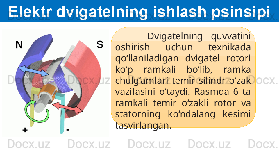 Elektr dvigatelning ishlash psinsipi
        Dvigatelning  quvvatini 
oshirish  uchun  texnikada  
qo‘llaniladigan  dvigatel  rotori 
ko‘p  ramkali   bo‘lib,  ramka 
chulg‘amlari  temir  silindr  o‘zak  
vazifasini  o‘taydi.  Rasmda  6  ta 
ramkali  temir  o‘zakli  rotor  va 
statorning  ko‘ndalang  kesimi 
tasvirlangan. 