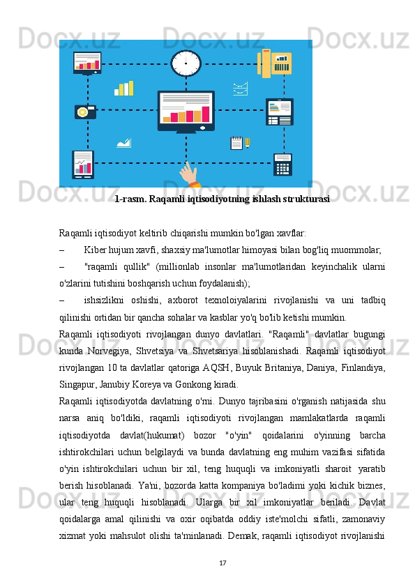 1-rasm.   Raqamli   iqtisodiyotning   ishlash   strukturasi
Raqamli   iqtisodiyot   keltirib   chiqarishi   mumkin   bo'lgan   xavflar:
– Kiber hujum xavfi, shaxsiy ma'lumotlar himoyasi bilan  bog'liq   muommolar;
– "raqamli   qullik"   (millionlab   insonlar   ma'lumotlaridan   keyinchalik   ularni
o'zlarini tutishini boshqarish uchun foydalanish);
– ishsizlikni   oshishi,   axborot   texnoloiyalarini   rivojlanishi   va   uni   tadbiq
qilinishi   ortidan bir   qancha   sohalar   va   kasblar   yo'q   bo'lib ketishi   mumkin.
Raqamli   iqtisodiyoti   rivojlangan   dunyo   davlatlari.   "Raqamli"   davlatlar   bugungi
kunda   Norvegiya,   Shvetsiya   va   Shvetsariya   hisoblanishadi.   Raqamli   iqtisodiyot
rivojlangan 10 ta davlatlar qatoriga AQSH, Buyuk Britaniya, Daniya,   Finlandiya,
Singapur,   Janubiy   Koreya va   Gonkong   kiradi.
Raqamli   iqtisodiyotda   davlatning   o'rni.   Dunyo   tajribasini   o'rganish   natijasida   shu
narsa   aniq   bo'ldiki,   raqamli   iqtisodiyoti   rivojlangan   mamlakatlarda   raqamli
iqtisodiyotda   davlat(hukumat)   bozor   "o'yin"   qoidalarini   o'yinning   barcha
ishtirokchilari   uchun   belgilaydi   va   bunda   davlatning   eng   muhim   vazifasi   sifatida
o'yin   ishtirokchilari   uchun   bir   xil,   teng   huquqli   va   imkoniyatli   sharoit   yaratib
berish   hisoblanadi.   Ya'ni,   bozorda   katta   kompaniya   bo'ladimi   yoki   kichik   biznes,
ular   teng   huquqli   hisoblanadi.   Ularga   bir   xil   imkoniyatlar   beriladi.   Davlat
qoidalarga   amal   qilinishi   va   oxir   oqibatda   oddiy   iste'molchi   sifatli,   zamonaviy
xizmat  yoki   mahsulot   olishi  ta'minlanadi.  Demak,  raqamli  iqtisodiyot   rivojlanishi
17