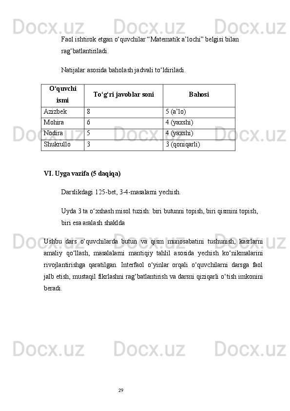 29Faol ishtirok etgan o‘quvchilar “Matematik a’lochi” belgisi bilan 
rag‘batlantiriladi.
Natijalar asosida baholash jadvali to‘ldiriladi.
O‘quvchi
ismi To‘g‘ri javoblar soni Bahosi
Azizbek 8 5 (a’lo)
Mohira 6 4 (yaxshi)
Nodira 5 4 (yaxshi)
Shukrullo 3 3 (qoniqarli)
VI. Uyga vazifa (5 daqiqa)
Darslikdagi 125-bet, 3-4-masalarni yechish.
Uyda 3 ta o‘xshash misol tuzish: biri butunni topish, biri qismini topish, 
biri esa aralash shaklda
Ushbu   dars   o‘quvchilarda   butun   va   qism   munosabatini   tushunish,   kasrlarni
amaliy   qo‘llash,   masalalarni   mantiqiy   tahlil   asosida   yechish   ko‘nikmalarini
rivojlantirishga   qaratilgan.   Interfaol   o‘yinlar   orqali   o‘quvchilarni   darsga   faol
jalb etish, mustaqil fikrlashni rag‘batlantirish va darsni qiziqarli o‘tish imkonini
beradi. 