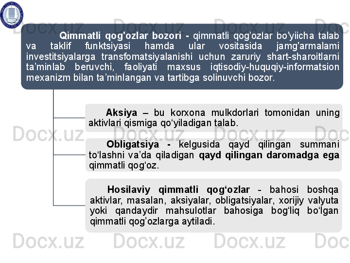 Q immatli  qog'ozlar  bozori  -  qimmatli  qog'ozlar  bo'yiicha  talab 
va  taklif  funktsiyasi  hamda  ular  vositasida  jamg'armalami 
investitsiyalarga  transfomatsiyalanishi  uchun  zaruriy  shart-sharoitlarni 
ta’minlab  beruvchi,  faoliyati  maxsus  iqtisodiy - huquqiy-informatsion 
mexanizm bilan ta’minlangan va tartibga solinuvchi  bozor.
Aksiya   –  bu  korxona  mulkdorlari  tomonidan  uning 
aktivlari qismiga qo‘ yila digan talab.
Obligatsiya  -  kelgusida  qayd  qilingan  summani 
to‘lash ni   va’da  qil adigan  qayd  qilingan  daromad ga  ega 
qimmatli qog‘oz .
Hosilaviy  qimmatli  qog‘ozlar  -  bahosi  boshqa 
aktivlar,  masalan,  aksiyalar,  obligatsiyalar ,  xorijiy  valyuta 
yoki  qandaydir  mahsulotlar  bahosiga  bog‘liq  bo‘lgan 
qimmatli qog’ozlar ga aytiladi .    