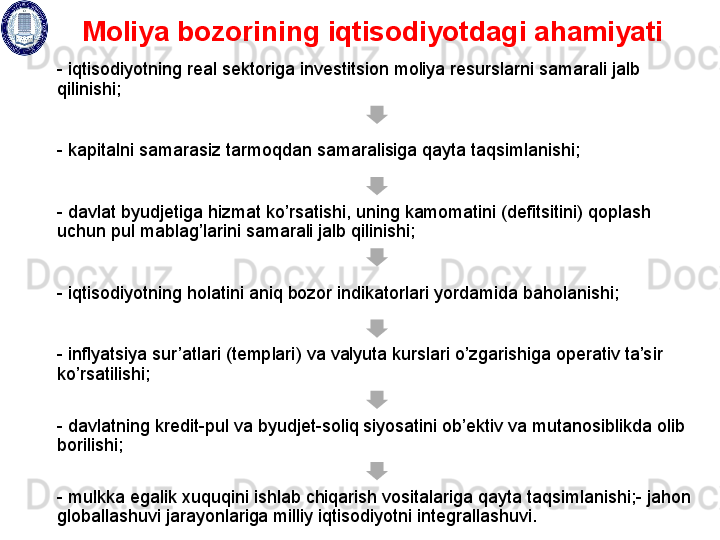 Moliya bozorining iqtisodiyotdagi ahamiyati 
- iqtisodiyotning real sektoriga  investitsion moliya resurslarni samarali jalb 
qilinishi ; 
- kapitalni samarasiz tarmoqdan samaralisiga qayta taqsimla ni sh i ; 
- davlat byudjetiga hizmat ko’rsatishi, uning kamomatini (defitsitini) qoplash 
uchun pul mablag’larini samarali jalb qilinishi; 
- iqtisodiyotning holatini aniq bozor indikatorlari yordamida baholanishi; 
-  inflyatsiya sur’atlari (templari )  va valyuta kurslari  o’zgarishi ga operativ ta’sir 
ko’rsatilishi ; 
- davlatning kredit- pul va byudjet - soliq siyosatini ob’ektiv va  mutanosiblikda  olib 
borilishi ; 
- mulkka egalik xuquqini ishlab chiqarish vositalariga qayta taqsimlanishi;- jahon 
globallashuvi jarayonlariga  milliy  iqtisodiyotni  integrallashuvi .  