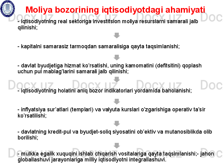 Moliya bozorining iqtisodiyotdagi ahamiyati 
- iqtisodiyotning real sektoriga  investitsion moliya resurslarni samarali jalb 
qilinishi ; 
- kapitalni samarasiz tarmoqdan samaralisiga qayta taqsimla ni sh i ; 
- davlat byudjetiga hizmat ko’rsatishi, uning kamomatini (defitsitini) qoplash 
uchun pul mablag’larini samarali jalb qilinishi; 
- iqtisodiyotning holatini aniq bozor indikatorlari yordamida baholanishi; 
-  inflyatsiya sur’atlari (templari )  va valyuta kurslari  o’zgarishi ga operativ ta’sir 
ko’rsatilishi ; 
- davlatning kredit- pul va byudjet - soliq siyosatini ob’ektiv va  mutanosiblikda  olib 
borilishi ; 
- mulkka egalik xuquqini ishlab chiqarish vositalariga qayta taqsimlanishi;- jahon 
globallashuvi jarayonlariga  milliy  iqtisodiyotni  integrallashuvi .