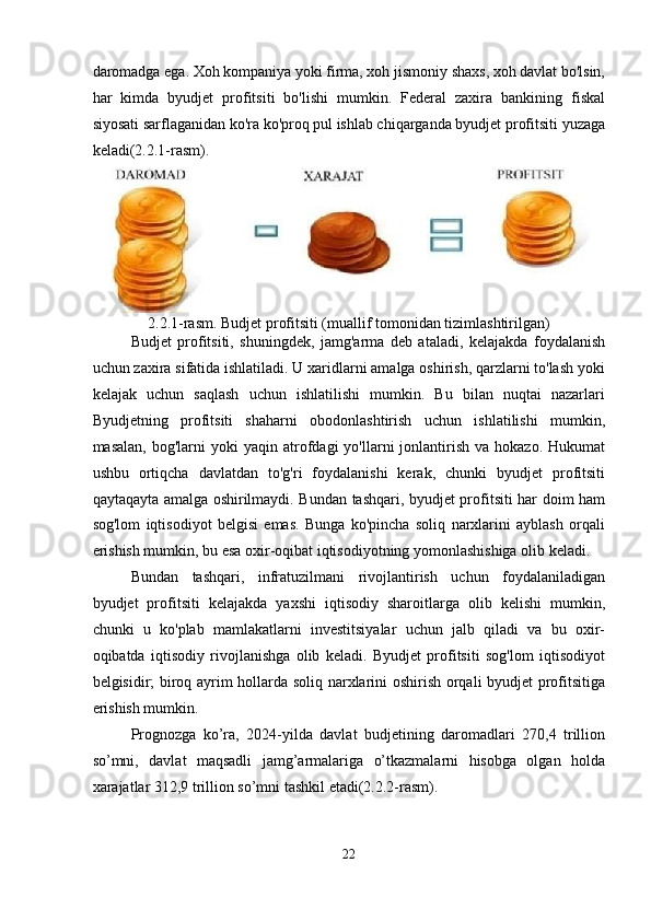 daromadga ega. Xoh kompaniya yoki firma, xoh jismoniy shaxs, xoh davlat bo'lsin,
har   kimda   byudjet   profitsiti   bo'lishi   mumkin.   Federal   zaxira   bankining   fiskal
siyosati sarflaganidan ko'ra ko'proq pul ishlab chiqarganda byudjet profitsiti yuzaga
keladi(2.2.1-rasm). 
2.2.1-rasm. Budjet profitsiti (muallif tomonidan tizimlashtirilgan) 
Budjet   profitsiti,   shuningdek,   jamg'arma   deb   ataladi,   kelajakda   foydalanish
uchun zaxira sifatida ishlatiladi. U xaridlarni amalga oshirish, qarzlarni to'lash yoki
kelajak   uchun   saqlash   uchun   ishlatilishi   mumkin.   Bu   bilan   nuqtai   nazarlari
Byudjetning   profitsiti   shaharni   obodonlashtirish   uchun   ishlatilishi   mumkin,
masalan,   bog'larni  yoki  yaqin  atrofdagi   yo'llarni   jonlantirish  va   hokazo.  Hukumat
ushbu   ortiqcha   davlatdan   to'g'ri   foydalanishi   kerak,   chunki   byudjet   profitsiti
qaytaqayta amalga oshirilmaydi. Bundan tashqari, byudjet profitsiti har doim ham
sog'lom   iqtisodiyot   belgisi   emas.   Bunga   ko'pincha   soliq   narxlarini   ayblash   orqali
erishish mumkin, bu esa oxir-oqibat iqtisodiyotning yomonlashishiga olib keladi. 
Bundan   tashqari,   infratuzilmani   rivojlantirish   uchun   foydalaniladigan
byudjet   profitsiti   kelajakda   yaxshi   iqtisodiy   sharoitlarga   olib   kelishi   mumkin,
chunki   u   ko'plab   mamlakatlarni   investitsiyalar   uchun   jalb   qiladi   va   bu   oxir-
oqibatda   iqtisodiy   rivojlanishga   olib   keladi.   Byudjet   profitsiti   sog'lom   iqtisodiyot
belgisidir; biroq ayrim hollarda soliq narxlarini oshirish orqali byudjet profitsitiga
erishish mumkin. 
Prognozga   ko’ra,   2024-yilda   davlat   budjetining   daromadlari   270,4   trillion
so’mni,   davlat   maqsadli   jamg’armalariga   o’tkazmalarni   hisobga   olgan   holda
xarajatlar 312,9 trillion so’mni tashkil etadi(2.2.2-rasm). 
22