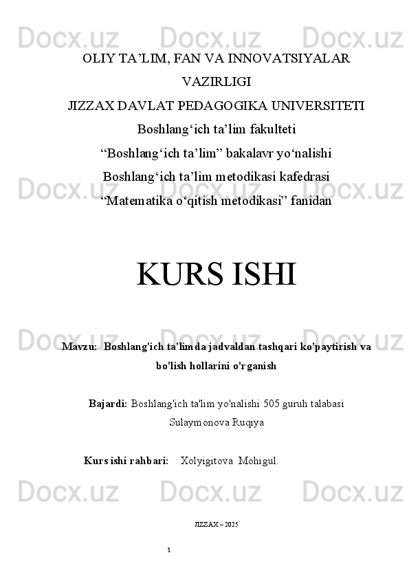 1OLIY TA’LIM, FAN VA INNOVATSIYALAR
VAZIRLIGI
JIZZAX DAVLAT PEDAGOGIKA UNIVERSITETI
Boshlang‘ich ta’lim fakulteti
“Boshlang‘ich ta’lim” bakalavr yo‘nalishi
Boshlang‘ich ta’lim metodikasi kafedrasi
“Matematika o‘qitish metodikasi” fanidan
KURS ISHI
Mavzu:   Boshlang'ich ta'limda jadvaldan tashqari ko'paytirish va
bo'lish hollarini o'rganish
Bajardi:   Boshlang'ich ta'lim yo'nalishi  505  guruh talabasi
Sulaymonova Ruqiya
Kurs ishi rahbari:     Xolyigitova    Mohigul.
JIZZAX – 2025 