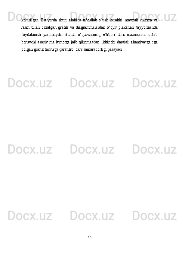 keltirilgan.  Bu  yerda  shuni  alohida  ta'kidlab  o‘tish  kerakki, mavzuli   chizma  va
rasm   bilan   bezalgan   grafik   va   diagrammalardan   o‘quv   plakatlari   tayyorlashda
foydalanish   yaramaydi.   Bunda   o‘quvchining   e’tibori   dars   mazmunini   ochib
beruvchi asosiy ma’lumotga jalb qilinmasdan, ikkinchi darajali ahamiyatga ega
bolgan grafik tasvirga qaratilib, dars samaradorligi pasayadi.
16