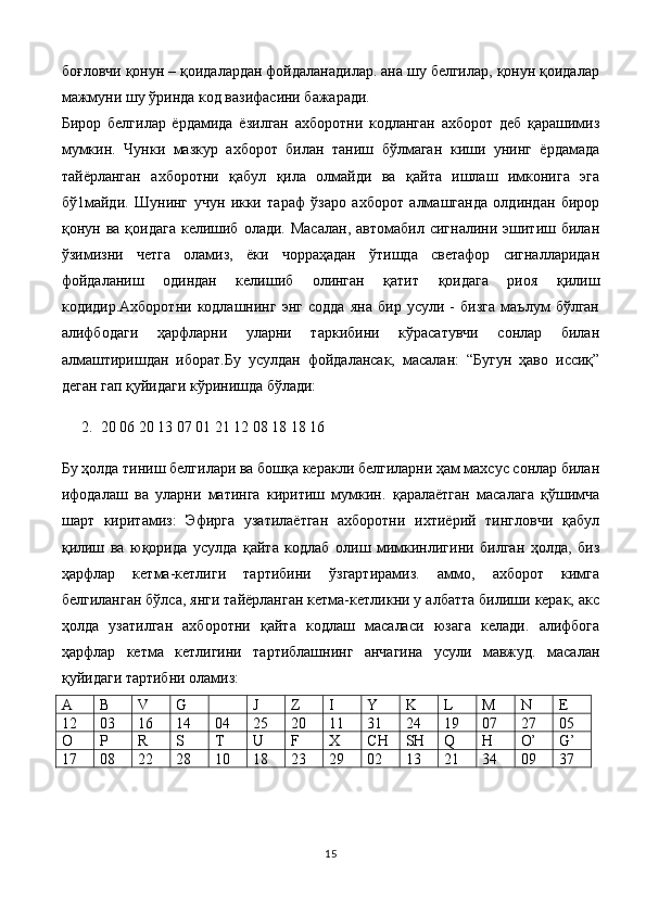 боғловчи қонун – қоидалардан фойдаланадилар. ана шу белгилар, қонун қоидалар
мажмуни шу ўринда код вазифасини бажаради.
Бирор   белгилар   ёрдамида   ёзилган   ахборотни   кодланган   ахборот   деб   қарашимиз
мумкин.   Чунки   мазкур   ахборот   билан   таниш   бўлмаган   киши   унинг   ёрдамада
тайёрланган   ахборотни   қабул   қила   олмайди   ва   қайта   ишлаш   имконига   эга
бў1майди.   Шунинг   учун   икки   тараф   ўзаро   ахборот   алмашганда   олдиндан   бирор
қонун  ва  қоидага   келишиб   олади.  Масалан,   автомабил  сигналини  эшитиш  билан
ўзимизни   четга   оламиз,   ёки   чорраҳадан   ўтишда   светафор   сигналларидан
фойдаланиш   одиндан   келишиб   олинган   қатит   қоидага   риоя   қилиш
кодидир.Ахборотни   кодлашнинг   энг   содда   яна   бир   усули   -   бизга   маълум   бўлган
алифбодаги   ҳарфларни   уларни   таркибини   кўрасатувчи   сонлар   билан
алмаштиришдан   иборат.Бу   усулдан   фойдалансак,   масалан:   “Бугун   ҳаво   иссиқ”
деган гап қуйидаги кўринишда бўлади:
2. 20 06 20 13 07 01 21 12 08 18 18 16
Бу ҳолда тиниш белгилари ва бошқа керакли белгиларни ҳам махсус сонлар билан
ифодалаш   ва   уларни   матинга   киритиш   мумкин.   қаралаётган   масалага   қўшимча
шарт   киритамиз:   Эфирга   узатилаётган   ахборотни   ихтиёрий   тингловчи   қабул
қилиш   ва   юқорида   усулда   қайта   кодлаб   олиш   мимкинлигини   билган   ҳолда,   биз
ҳарфлар   кетма-кетлиги   тартибини   ўзгартирамиз.   аммо,   ахборот   кимга
белгиланган бўлса, янги тайёрланган кетма-кетликни у албатта билиши керак, акс
ҳолда   узатилган   ахборотни   қайта   кодлаш   масаласи   юзага   келади.   алифбога
ҳарфлар   кетма   кетлигини   тартиблашнинг   анчагина   усули   мавжуд.   масалан
қуйидаги тартибни оламиз:
A B V G J Z I Y K L M N E
12 03 16 14 04 25 20 11 31 24 19 07 27 05
O P R S T U F X CH SH Q H O’ G’
17 08 22 28 10 18 23 29 02 13 21 34 09 37
15 