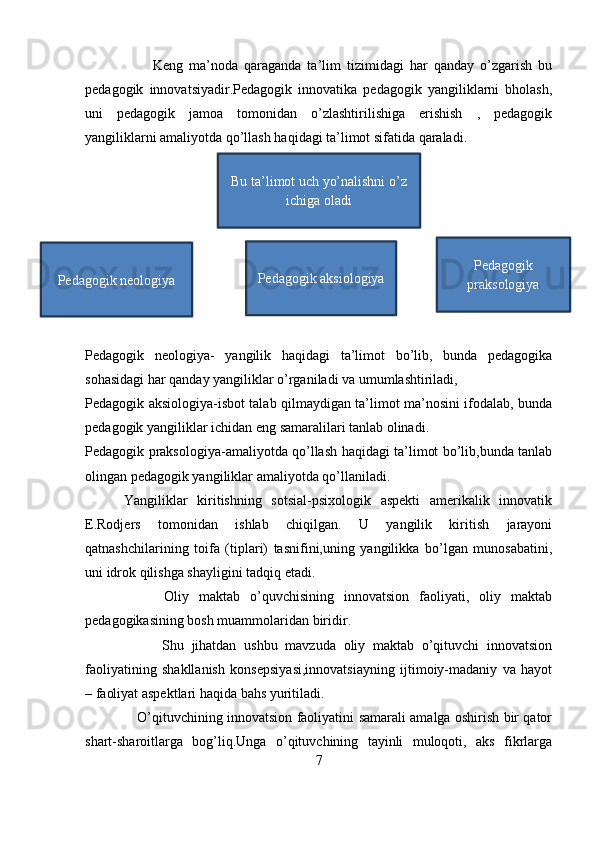                       Keng   ma’noda   qaraganda   ta’lim   tizimidagi   har   qanday   o’zgarish   bu
pedagogik   innovatsiyadir.Pedagogik   innovatika   pedagogik   yangiliklarni   bholash,
uni   pedagogik   jamoa   tomonidan   o’zlashtirilishiga   erishish   ,   pedagogik
yangiliklarni amaliyotda qo’llash haqidagi ta’limot sifatida qaraladi.
Pedagogik   neologiya-   yangilik   haqidagi   ta’limot   bo’lib,   bunda   pedagogika
sohasidagi har qanday yangiliklar o’rganiladi va umumlashtiriladi,
Pedagogik aksiologiya-isbot talab qilmaydigan ta’limot ma’nosini ifodalab, bunda
pedagogik yangiliklar ichidan eng samaralilari tanlab olinadi.
Pedagogik praksologiya-amaliyotda qo’llash haqidagi ta’limot bo’lib,bunda tanlab
olingan pedagogik yangiliklar amaliyotda qo’llaniladi.
        Yangiliklar   kiritishning   sotsial-psixologik   aspekti   amerikalik   innovatik
E.Rodjers   tomonidan   ishlab   chiqilgan.   U   yangilik   kiritish   jarayoni
qatnashchilarining   toifa   (tiplari)   tasnifini,uning   yangilikka   bo’lgan   munosabatini,
uni idrok qilishga shayligini tadqiq etadi.
                Oliy   maktab   o’quvchisining   innovatsion   faoliyati,   oliy   maktab
pedagogikasining bosh muammolaridan biridir.
                    Shu   jihatdan   ushbu   mavzuda   oliy   maktab   o’qituvchi   innovatsion
faoliyatining   shakllanish   konsepsiyasi,innovatsiayning   ijtimoiy-madaniy   va   hayot
– faoliyat aspektlari haqida bahs yuritiladi.
                       O’qituvchining innovatsion faoliyatini samarali amalga oshirish bir qator
shart-sharoitlarga   bog’liq.Unga   o’qituvchining   tayinli   muloqoti,   aks   fikrlarga
7Bu ta’limot uch yo’nalishni o’z
ichiga oladi
Pedagogik aksiologiya
Pedagogik neologiya Pedagogik
praksologiya 