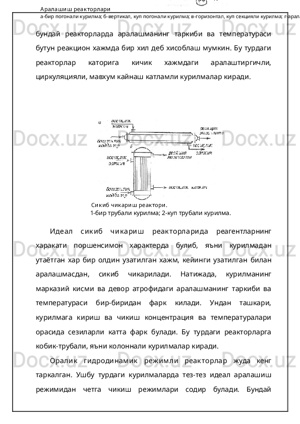 А ралаш и ш  реак торлари
а-бир погонали курилма; б-вертикал, куп погонали курилма; в-горизонтал, куп секцияли курилма; г-аралашиш курилмаси батареяси.
  Си к и б чи к ари ш  реак тори .
1-бир трубали курилма; 2-куп трубали курилма.бундай   реакторларда   аралашманинг   таркиби   ва   температураси
бутун реакцион хажмда бир хил деб хисоблаш мумкин. Бу турдаги
реакторлар   каторига   кичик   хажмдаги   аралаштиргичли,
циркуляцияли, мавхум кайнаш катламли курилмалар киради .
Идеал   сик иб   чик ариш   реак торларида   реагентларнинг
харакати   поршенсимон   характерда   булиб,   яъни   курилмадан
утаётган   хар   бир   олдин   узатилган   хажм,   кейинги   узатилган   билан
аралашмасдан,   сикиб   чикарилади.   Натижада,   курилманинг
марказий   кисми   ва   девор   атрофидаги   аралашманинг   таркиби   ва
температураси   бир-биридан   фарк   килади.   Ундан   ташкари,
курилмага   кириш   ва   чикиш   концентрация   ва   температуралари
орасида   сезиларли   катта   фарк   булади.   Бу   турдаги   реакторларга
кобик-трубали, яъни колоннали курилмалар киради.
Оралик   гидродинам ик   реж им ли   реак торлар   жуда   кенг
таркалган.   Ушбу   турдаги   курилмаларда   тез-тез   идеал   аралашиш
режимидан   четга   чикиш   режимлари   содир   булади.   Бундай 