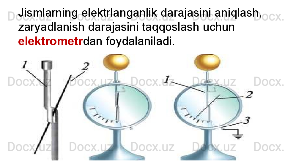 Jismlarning elektrlanganlik darajasini aniqlash, 
zaryadlanish darajasini taqqoslash uchun 
elektrometr dan foydalaniladi.  