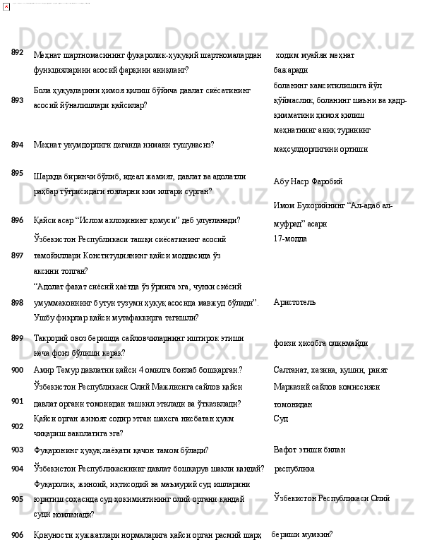 892
Меҳнат шартномасининг фуқаролик-ҳуқуқий шартномалардан   ходим   муайян   меҳнат  
функцияларини асосий фарқини аниқланг? бажаради
893 Бола   ҳуқуқларини   ҳимоя   қилиш   бўйича   давлат   сиёсатининг
асосий йўналишлари қайсилар? боланинг камситилишига йўл 
қўймаслик,   боланинг   шаъни   ва   қадр-
қимматини ҳимоя қилиш
меҳнатнинг   аниқ  турининг
894 Меҳнат   унумдорлиги   деганда   нимани   тушунасиз?
маҳсулдорлигини  ортиши
895
Шарқда   биринчи   бўлиб,   идеал   жамият,   давлат   ва   адолатли
раҳбар тўғрисидаги ғояларни ким илгари сурган? Абу   Наср   Фаробий
Имом   Бухорийнинг   “Ал-адаб   ал-
896 Қайси   асар   “Ислом   ахлоқининг   қомуси”   деб   улуғланади?
Ўзбекистон   Республикаси   ташқи   сиёсатининг   асосий
8 97 тамойиллари   Конституциянинг   қайси   моддасида   ўз  
аксини 
топган?
“Адолат   фақат сиёсий   ҳаётда   ўз ўрнига   эга,   чунки  сиёсий муфрад”   асари
17-модда
898 умуммаконнинг бутун тузуми ҳуқуқ асосида мавжуд бўлади”. Аристотель
Ушбу фикрлар қайси мутафаккирга тегишли?
899
Такрорий   овоз   беришда   сайловчиларнинг   иштирок   этиши  
неча фоиз бўлиши керак? фоизи   ҳисобга  олинмайди
900
Амир   Темур   давлатни   қайси 4   омилга   боғлаб   бошқарган.? Салтанат,   хазина,   қушин,   раият
Ўзбекистон   Республикаси   Олий   Мажлисига   сайлов   қайси Марказий   сайлов  комиссияси
901
902 давлат   органи   томонидан   ташкил   этилади   ва   ўтказилади?
Қайси орган жиноят содир этган шахсга нисбатан ҳукм 
чиқариш ваколатига эга? томонидан 
Суд
903
Фуқаронинг   ҳуқуқ лаёқати   қачон   тамом   бўлади? Вафот   этиши   билан
904 Ўзбекистон Республикасининг давлат бошқарув шакли қандай? республика
Фуқаролик, жиноий, иқтисодий ва маъмурий суд ишларини
905 юритиш соҳасида суд ҳокимиятининг олий органи қандай Ўзбекистон   Республикаси   Олий  
суди 
номланади?
906 Қонуности   ҳужжатлари   нормаларига   қайси   орган   расмий   шарҳ бериши мумкин? 
