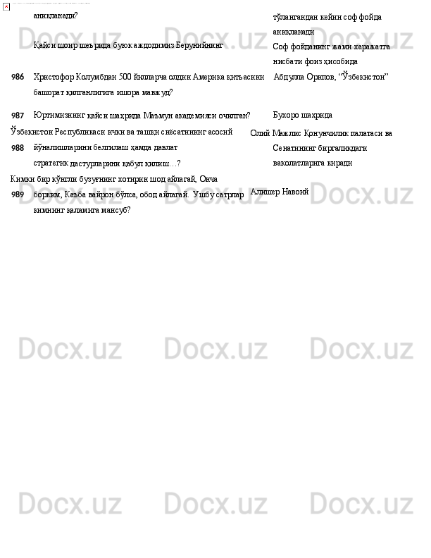 аниқланади?
Қайси   шоир   шеърида   буюк   аждодимиз  Берунийнинг тўлангандан   кейин   соф   фойда 
аниқланади
Соф   фойданинг   жами   харажатга 
нисбати фоиз ҳисобида
986 Христофор Колумбдан 500 йилларча олдин Америка қитъасини Абдулла   Орипов,   “Ўзбекистон”
башорат қилганлигига ишора мавжуд?
987 Юртимизнинг
  қайси   шаҳрида   Маъмун   академияси   очилган? Бухоро   шаҳрида
Ўзбекистон   Республикаси   ички   ва   ташқи сиёсатининг  асосий
988 йўналишларини   белгилаш   ҳамда   давлат  
стратегик 
дастурларини қабул қилиш…?
Кимки   бир   кўнгли   бузуғнинг   хотирин   шод   айлагай,   Онча
989 борким,   Каъба   вайрон   бўлса,   обод   айлагай.   Ушбу   сатрлар
кимнинг қаламига мансуб? Олий   Мажлис   Қонунчилик   палатаси   ва 
Сенатининг биргаликдаги 
ваколатларига киради
Алишер   Навоий 
