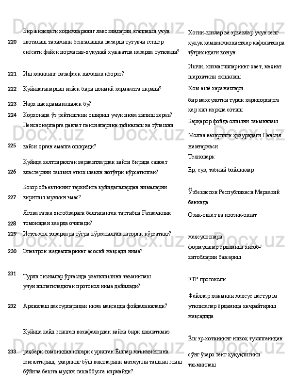 Бир   жинсдаги   ходимларнинг   лавозимларни   эгаллаши   учун
220 квоталаш тизимини белгилашни назарда тутувчи гендер 
сиёсати   файси   норматив-ҳуқуқий   ҳужжатда   назарда   тутилади?
221 Иш   ҳақининг   вазифаси   нимадан   иборат?
222 Қуйидагилардан   қайси   бири   доимий   харажатга   киради?
223 Нарх   дискриминацияси   бу?
224 Корхонада ўз рейтингини ошириш учун нима   қилиш   керак?
Пенсионерларга   давлат   пенсияларини   тайинлаш   ва   тўлашни Хотин-қизлар ва эркаклар учун тенг 
ҳуқуқ   ҳамдаимкониятлар   кафолатлари 
тўғрисидаги қонун
Ишчи,   хизматчиларнинг   хаёт,   меҳнат 
шароитини яхшилаш
Хом-ашё   харажатлари
бир   маҳсулотни   турли   харидорларга 
ҳар хил нархда сотиш
Барқарор   фойда   олишни  таъминлаш
Молия   вазирлиги   ҳузуридаги  Пенсия
225
226
227
228 қайси   орган   амалга  оширади?
Қуйида   келттирилган   вариантлардан   қайси   бирида   саноат 
кластерини ташкил этиш шакли нотўғри кўрсатилган?
Бозор   объектининг   таркибига   қуйидагилардан   нималарни 
киритиш мумкин эмас?
Ягона   ғазна   ҳисобварағи   белгиланган   тартибда   Ғазначилик
томонидан қаерда очилади? жамғармаси 
Технопарк
Ер,   сув,   табиий  бойликлар
Ўзбекистон   Республикаси   Марказий 
банкида
Озиқ-овқат   ва   ноозиқ- овқат
229 Истеъмол   товарлари   тўғри кўрсатилган   қаторни   кўрсатинг?
230 Электрон   жадвалларнинг   асосий   мақсади  нима? маҳсулотлари
формулалар   ёрдамида   ҳисоб-
китобларни бажариш
231
Турли   тизимлар   ўртасида   узатилишини   таъминлаш  
учун ишлатиладиган протокол нима дейилади? FTP  протоколи
Файллар   ҳажмини   махсус   дастур   ва
232 Архивлаш   дастурларидан   нима   мақсадда  фойдаланилади?
Қуйида   қайд   этилган   вазифалардан   қайси   бири   давлатимиз утилиталар   ёрдамида   кичрайтириш 
мақсадида
Ёш   эр-хотиннинг   никоҳ   тузилганидан
233 раҳбари томонидан илгари сурилган Ёшлар маънавиятини 
юксалтириш,   уларнинг   бўш   вақтларини   мазмунли   ташкил   этиш
бўйича бешта муҳим ташаббусга кирмайди? сўнг   ўзаро   тенг   ҳуқуқлигини
таъминлаш 