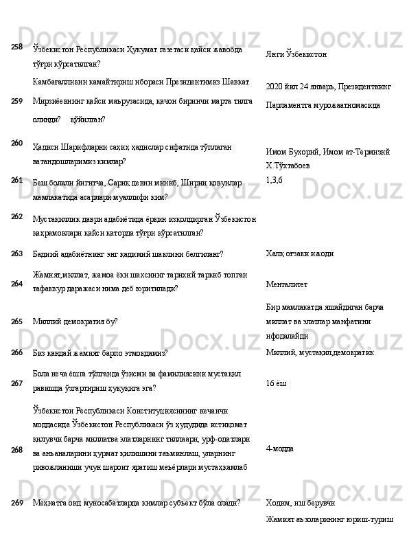 258
Ўзбекистон   Республикаси   Ҳукумат   газетаси   қайси   жавобда 
тўғри кўрсатилган?
Камбағалликни   камайтириш   ибораси   Президентимиз   Шавкат Янги  Ўзбекистон
2020   йил 24   январь,   Президентнинг
259 Мирзиёевнинг   қайси   маърузасида,   қачон   биринчи   марта   тилга
Парламентга   мурожаатномасида
олинди?
қўйилган?
260
261
262 Ҳадиси   Шарифларни   саҳиҳ   ҳадислар   сифатида   тўплаган 
ватандошларимиз кимлар?
Беш   болали   йигитча,   Сариқ   девни   миниб,   Ширин   қовунлар 
мамлакатида асарлари муаллифи ким?
Мустақиллик   даври   адабиётида   ёрқин   изқолдирган   Ўзбекистон
қаҳрамонлари қайси қаторда тўғри кўрсатилган? Имом   Бухорий,   Имом   ат-Термизий 
Х.Тўхтабоев
1,3,6
263
Бадиий   адабиётнинг   энг   қадимий   шаклини   белгиланг? Халқ   оғзаки  ижоди
264 Жамият,миллат,   жамоа   ёки   шахснинг   тарихий   таркиб   топган
тафаккур даражаси нима деб юритилади? Менталитет
Бир   мамлакатда   яшайдиган   барча
265 Миллий   демократия   бу? миллат   ва   элатлар   манфатини 
ифодалайди
266
Биз   қандай   жамият   барпо  этмоқдамиз? Миллий,   мустақил,демократик
267
268 Бола   неча   ёшга   тўлганда   ўзисми   ва   фамилиясини   мустақил 
равишда ўзгартириш ҳуқуқига эга?
Ўзбекистон Республикаси Конституциясининг нечанчи 
моддасида Ўзбекистон Республикаси ўз ҳудудида истиқомат 
қилувчи   барча   миллатва   элатларнинг   тиллаари,   урф-одатлари
ва анъаналарини ҳурмат қилишини таъминлаш, уларнинг 
ривожланиши учун шароит яратиш меъёрлари мустаҳкамлаб 16  ёш
4-модда
269 Меҳнатга
  оид   муносабатларда   кимлар   субъект   бўла   олади? Ходим,   иш  берувчи
Жамият аъзоларининг юриш-туриш  
