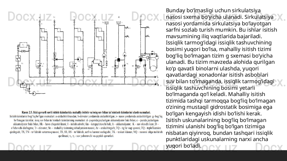 Bunday boʻlmasligi uchun sirkulatsiya 
nasosi sxema boʻyicha ulanadi. Sirkulatsiya 
nasosi yordamida sirkulatsiya boʻlayotgan 
sarfni sozlab turish mumkin. Bu ishlar isitish 
mavsumining iliq vaqtlarida bajariladi. 
Issiqlik tarmogʻidagi issiqlik tashuvchining 
bosimi yuqori boʻlsa, mahalliy isitish tizimi 
bogʻliq boʻlmagan tizim g sxemasi boʻyicha 
ulanadi. Bu tizim mavzeda alohida qurilgan 
koʻp qavatli binolarni ulashda, yuqori 
qavatlardagi xonadonlar isitish asboblari 
suv bilan toʻlmaganda, issiqlik tarmogʻidagi 
issiqlik tashuvchining bosimi yetarli 
boʻlmaganda qoʻl keladi. Mahalliy isitish 
tizimida tashqi tarmoqqa bogʻliq boʻlmagan 
oʻzining mustaqil gidrostatik bosimiga ega 
boʻlgan kengayish idishi boʻlishi kerak. 
Isitish uskunalarining bogʻliq boʻlmagan 
tizimini ulanishi bogʻliq boʻlgan tizimiga 
nisbatan qiyinroq, bundan tashqari issiqlik 
punktlaridagi uskunalarning narxi ancha 
yuqori boʻladi. 