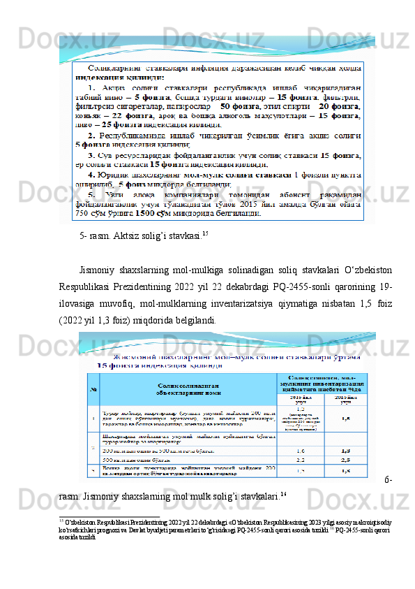 5- rasm.   Aktsiz   solig’i   stavkasi. 15
Jismoniy   shaxslarning   mol-mulkiga   solinadigan   soliq   stavkalari   O‘zbekiston
Respublikasi   Prezidentining   2022   yil   22   dekabrdagi   PQ-2455-sonli   qarorining   19-
ilovasiga   muvofiq,   mol-mulklarning   inventarizatsiya   qiymatiga   nisbatan   1,5   foiz
(2022 yil   1,3 foiz) miqdorida belgilandi.
6-
rasm.   Jismoniy   shaxslarning   mol   mulk   solig’i   stavkalari. 16
15 
O‘zbekiston Respublikasi Prezidentining 2022 yil 22 dekabrdagi «O‘zbekiston Respublikasining 2023 yilgi asosiy   makroiqtisodiy
ko‘rsatkichlari prognozi va Davlat byudjeti parametrlari to‘g‘risida»gi PQ-2455-sonli qarori asosida tuzildi   16  
PQ-2455-sonli qarori  
asosida   tuzildi