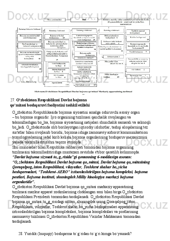 27. O‘zbekiston   Respublikasi   Davlat   bojxona  
qo‘mitasi boshqaruvi faoliyatini tashkil etilishi
O‗zbekiston   Respublikasida   bojxona   siyosatini   amalga   oshiruvchi   asosiy   organ  
– bu bojxona organidir. Ijro organining tuzilmasi qanchalik rivojlangan va
takomillashgan   bo‗lsa,   bojxona   siyosatining   natijalari   shunchalik   samarali   va   salmoqli 
bo‗ladi. O‗zbekistonda olib borilayotgan iqtisodiy   islohotlar,   tashqi aloqalarning tez 
sur'atlar bilan rivojlanib borishi, bojxona ishiga zamonaviy axborot kommunikatsion 
texnologiyalarning jadal kirib kelishi bojxona organlarining boshqaruv mexanizmini 
yanada takomillashtirishni taqozo etmoqda.
Shu munosabat bilan Respublika rahbariyati tomonidan bojxona organining 
tuzilmasini takomillashtirishga muntazam ravishda e'tibor qaratilib kelinmoqda. 
“Davlat bojxona xizmati to„g„risida”gi qonunning 6-moddasiga asosan: 
“O„zbekiston   Respublikasi   Davlat   bojxona   qo„mitasi,   Davlat   bojxona   qo„mitasining
Qoraqalpog„iston Respublikasi, viloyatlar, Toshkent shahar bo„yicha 
boshqarmalari, “Toshkent-AERO” ixtisoslashtirilgan bojxona kompleksi, bojxona 
postlari, Bojxona instituti, shuningdek Milliy kinologiya markazi bojxona
organlaridir”.
O‗zbekiston Respublikasi Davlat bojxona qo‗mitasi markaziy apparatining 
tuzilmasi mazkur apparat   xodimlarining cheklangan soni   bilan birga O‗zbekiston 
Respublikasi   Prezidenti   tomonidan   tasdiqlanadi.   O‗zbekiston   Respublikasi   Davlat 
bojxona   qo‗mitasi   to‗g‗risidagi   nizom,   shuningdek   uning   Qoraqalpog‗iston 
Respublikasi, viloyatlar, Toshkent shahri bo‗yicha boshqarmalari apparatining 
ixtisoslashtirilgan bojxona komplekslari, bojxona komplekslari va postlarining
namunaviy   tuzilmasi   O‗zbekiston   Respublikasi   Vazirlar   Mahkamasi   tomonidan 
tasdiqlanadi.
28. Yuridik   (huquqiy)   boshqarma   to`g`ridan-to`g`ri   kimga   bo`ysunadi? 