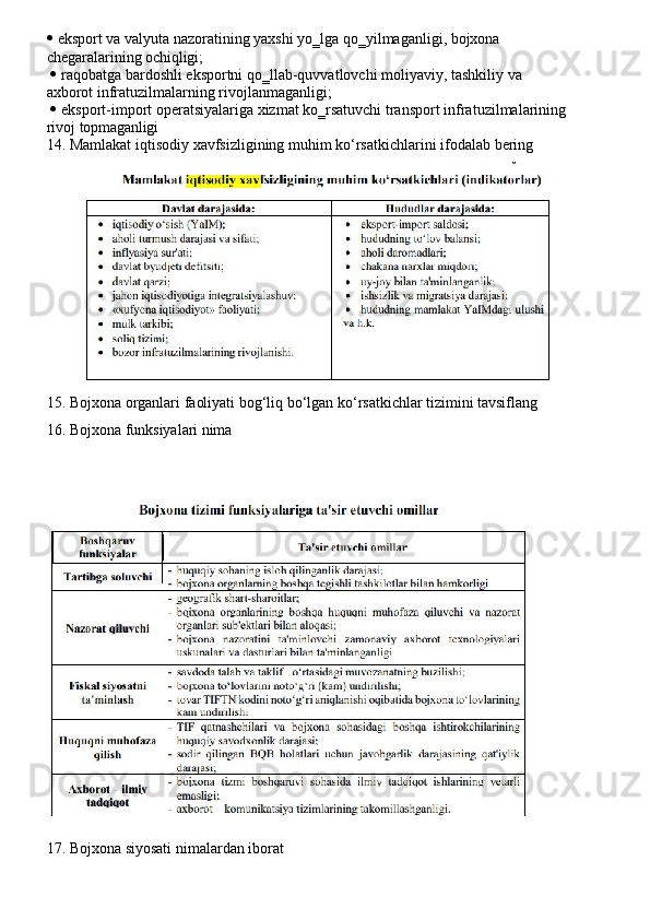  eksport   va   valyuta   nazoratining   yaxshi   yo‗lga   qo‗yilmaganligi,   bojxona  
chegaralarining  ochiqligi;
 raqobatga   bardoshli   eksportni   qo‗llab-quvvatlovchi   moliyaviy,   tashkiliy   va  
axborot infratuzilmalarning rivojlanmaganligi;
 eksport-import   operatsiyalariga   xizmat   ko‗rsatuvchi   transport   infratuzilmalarining  
rivoj  topmaganligi
14. Mamlakat   iqtisodiy   xavfsizligining   muhim   ko‘rsatkichlarini   ifodalab   bering
15. Bojxona   organlari   faoliyati   bog‘liq   bo‘lgan   ko‘rsatkichlar   tizimini   tavsiflang
16. Bojxona   funksiyalari   nima
17. Bojxona   siyosati   nimalardan   iborat 