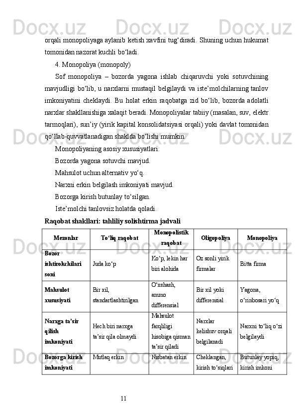11orqali monopoliyaga aylanib ketish xavfini tug‘diradi. Shuning uchun hukumat
tomonidan nazorat kuchli bo‘ladi.
4. Monopoliya (monopoly)
Sof   monopoliya   –   bozorda   yagona   ishlab   chiqaruvchi   yoki   sotuvchining
mavjudligi  bo‘lib,  u narxlarni  mustaqil  belgilaydi   va iste’molchilarning tanlov
imkoniyatini   cheklaydi.   Bu   holat   erkin   raqobatga   zid   bo‘lib,   bozorda   adolatli
narxlar shakllanishiga xalaqit beradi. Monopoliyalar tabiiy (masalan, suv, elektr
tarmoqlari), sun’iy (yirik kapital konsolidatsiyasi orqali) yoki davlat tomonidan
qo‘llab-quvvatlanadigan shaklda bo‘lishi mumkin.
Monopoliyaning asosiy xususiyatlari:
Bozorda yagona sotuvchi mavjud.
Mahsulot uchun alternativ yo‘q.
Narxni erkin belgilash imkoniyati mavjud.
Bozorga kirish butunlay to‘silgan.
Iste’molchi tanlovsiz holatda qoladi.
Raqobat shakllari: tahliliy solishtirma jadvali
Mezonlar To‘liq raqobat Monopolistik
raqobat Oligopoliya Monopoliya
Bozor 
ishtirokchilari 
soni Juda ko‘p Ko‘p, lekin har 
biri alohida Oz sonli yirik 
firmalar Bitta firma
Mahsulot 
xususiyati Bir xil, 
standartlashtirilgan O‘xshash, 
ammo 
differensial Bir xil yoki 
differensial Yagona, 
o‘rinbosari yo‘q
Narxga ta’sir 
qilish 
imkoniyati Hech biri narxga 
ta’sir qila olmaydi Mahsulot 
farqliligi 
hisobiga qisman
ta’sir qiladi Narxlar 
kelishuv orqali 
belgilanadi Narxni to‘liq o‘zi 
belgilaydi
Bozorga kirish 
imkoniyati Mutlaq erkin Nisbatan erkin Cheklangan, 
kirish to‘siqlari  Butunlay yopiq, 
kirish imkoni  