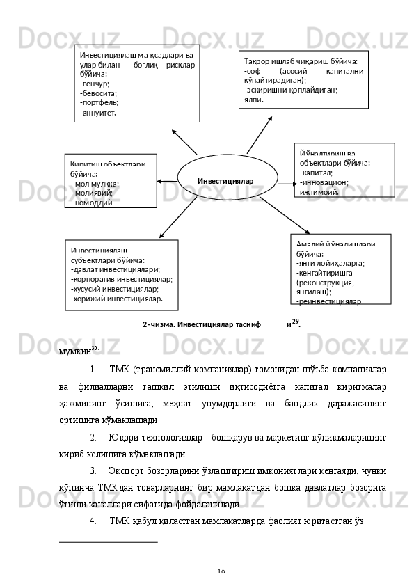  
мумкин 30
: 
1. ТМК (трансмиллий компаниялар) томонидан шўъба компаниялар
ва   филиалларни   ташкил   этилиши   иқтисодиётга   капитал   киритмалар
ҳажмининг   ўсишига,   меҳнат   унумдорлиги   ва   бандлик   даражасининг
ортишига кўмаклашади. 
2. Юқори технологиялар - бошқарув ва маркетинг кўникмаларининг
кириб келишига кўмаклашади. 
3. Экспорт бозорларини ўзлаштириш имкониятлари кенгаяди, чунки
кўпинча   ТМКдан   товарларнинг   бир   мамлакатдан   бошқа   давлатлар   бозорига
ўтиши каналлари сифатида фойдаланилади. 
4. ТМК қабул қилаётган мамлакатларда фаолият юритаётган ўз 
                                                           
  16   
 
 
 
 
 
 
 
 
 
 
2 - чизма. Инвестициялар тасниф и 29
.  Инвестициялаш ма қ садлари ва 
улар билан  бо ғ ли қ   рисклар 
бўйича:  
- венчур;  
- бевосита;  
- портфель;  
- аннуитет.   Такрор ишлаб чи қ ариш бўйича:  
- соф  ( асосий  капитални 
кўпайтирадиган);  
- эскиришни  қ оплайдиган;  
ялпи.  
Киритиш объектлари 
б ў йича:  
-   мол мулкка;  
-   молиявий;  
-   номоддий   Й ў налтириш ва 
объектлари б ў йича:  
- капитал;  
- инновацион;  
ижтимоий.  
Инвестициялаш 
субъектлари б ў йича:  
- давлат инвестициялари;  
- корпоратив инвестициялар;  
- хусусий инвестициялар;  
- хорижий инвестициялар.   Амалий й ў налишлари 
б ў йича:  
- янги лойи ҳ аларга;  
- кенгайтиришга 
( реконструкция, 
янгилаш);  
- реинвестициялар     
Инвестициялар   
