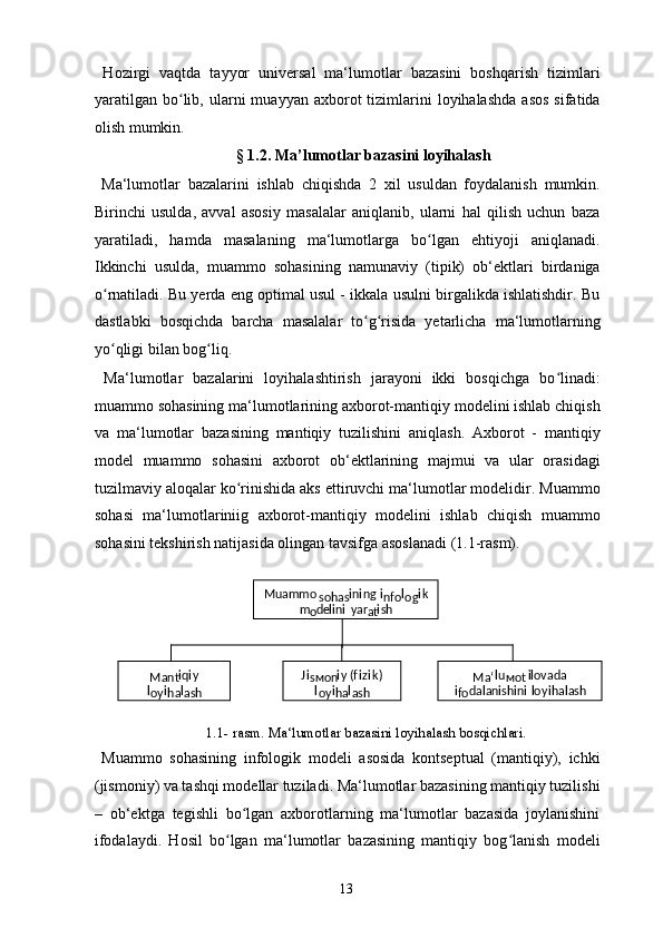   Hozirgi   vaqtda   tayyor   universal   ma‘lumotlar   bazasini   boshqarish   tizimlari
yaratilgan   bo lib,  ularni   muayyan  axborot   tizimlarini   loyihalashda   asos   sifatidaʻ
olish mumkin. 
§ 1.2. Ma’lumotlar bazasini loyihalash 
  Ma‘lumotlar   bazalarini   ishlab   chiqishda   2   xil   usuldan   foydalanish   mumkin.
Birinchi   usulda,   avval   asosiy   masalalar   aniqlanib,   ularni   hal   qilish   uchun   baza
yaratiladi,   hamda   masalaning   ma‘lumotlarga   bo lgan   ehtiyoji   aniqlanadi.	
ʻ
Ikkinchi   usulda,   muammo   sohasining   namunaviy   (tipik)   ob‘ektlari   birdaniga
o rnatiladi. Bu yerda eng optimal usul - ikkala usulni birgalikda ishlatishdir. Bu	
ʻ
dastlabki   bosqichda   barcha   masalalar   to g risida   yetarlicha   ma‘lumotlarning	
ʻ ʻ
yo qligi bilan bog liq. 	
ʻ ʻ
  Ma‘lumotlar   bazalarini   loyihalashtirish   jarayoni   ikki   bosqichga   bo linadi:	
ʻ
muammo sohasining ma‘lumotlarining axborot-mantiqiy modelini ishlab chiqish
va   ma‘lumotlar   bazasining   mantiqiy   tuzilishini   aniqlash.   Axborot   -   mantiqiy
model   muammo   sohasini   axborot   ob‘ektlarining   majmui   va   ular   orasidagi
tuzilmaviy aloqalar ko rinishida aks ettiruvchi ma‘lumotlar modelidir. Muammo	
ʻ
sohasi   ma‘lumotlariniig   axborot-mantiqiy   modelini   ishlab   chiqish   muammo
sohasini tekshirish natijasida olingan tavsifga asoslanadi (1.1-rasm). 
 
1.1- rasm. Ma‘lumotlar bazasini loyihalash bosqichlari. 
  Muammo   sohasining   infologik   modeli   asosida   kontseptual   (mantiqiy),   ichki
(jismoniy) va tashqi modellar tuziladi. Ma‘lumotlar bazasining mantiqiy tuzilishi
–   ob‘ektga   tegishli   bo lgan   axborotlarning   ma‘lumotlar   bazasida   joylanishini
ʻ
ifodalaydi.   Hosil   bo lgan   ma‘lumotlar   bazasining   mantiqiy   bog lanish   modeli	
ʻ ʻ
  13   
 
 
 
 Muammo  
sоhаs i n i ng  i
nfо l
оg i k 
m
о d e lini   ya r
аt i sh  
Маnt i q i y 
l
оy i
hа l
аsh   J i
sмоn i y (f izi k) 
l
оy i
hа l
аsh   Ма‘ lu
моt  ilovada  
i
fо dal anishi n i   lo y i h ala sh   