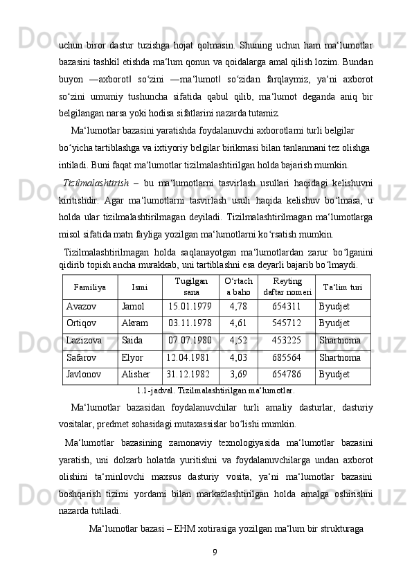 uchun   biror   dastur   tuzishga   hojat   qolmasin.   Shuning   uchun   ham   ma‘lumotlar
bazasini tashkil etishda ma‘lum qonun va qoidalarga amal qilish lozim. Bundan
buyon   ―axborot‖   so zini   ―ma‘lumot	ʻ ‖   so zidan   farqlaymiz,   ya‘ni   axborot	ʻ
so zini   umumiy   tushuncha   sifatida   qabul   qilib,   ma‘lumot	
ʻ   deganda   aniq   bir
belgilangan narsa yoki hodisa sifatlarini nazarda tutamiz. 
  Ma‘lumotlar bazasini yaratishda foydalanuvchi axborotlarni turli belgilar 
bo yicha tartiblashga va ixtiyoriy belgilar birikmasi bilan tanlanmani tez olishga 
ʻ
intiladi. Buni faqat ma‘lumotlar tizilmalashtirilgan holda bajarish mumkin. 
  Tizilmalashtirish   –   bu   ma‘lumotlarni   tasvirlash   usullari   haqidagi   kelishuvni
kiritishdir.   Agar   ma‘lumotlarni   tasvirlash   usuli   haqida   kelishuv   bo lmasa,   u	
ʻ
holda   ular   tizilmalashtirilmagan   deyiladi.   Tizilmalashtirilmagan   ma‘lumotlarga
misol sifatida matn fayliga yozilgan ma‘lumotlarni ko rsatish mumkin. 	
ʻ
  Tizilmalashtirilmagan   holda   saqlanayotgan   ma‘lumotlardan   zarur   bo lganini	
ʻ
qidirib topish ancha murakkab, uni tartiblashni esa deyarli bajarib bo lmaydi. 	
ʻ
Familiya  Ismi  Tugilgan
sana  O rtach	
ʻ
a baho  Reyting
daftar nomeri  Ta‘lim turi 
Avazov   Jamol  15.01.1979  4,78  654311  Byudjet 
Ortiqov   Akram  03.11.1978  4,61  545712  Byudjet 
Lazizova   Saida  07.07.1980  4,52  453225  Shartnoma 
Safarov   Elyor  12.04.1981  4,03  685564  Shartnoma 
Javlonov   Alisher  31.12.1982  3,69  654786  Byudjet 
1.1-jadval. Tizilmalashtirilgan ma‘lumotlar. 
  Ma‘lumotlar   bazasidan   foydalanuvchilar   turli   amaliy   dasturlar,   dasturiy
vositalar, predmet sohasidagi mutaxassislar bo lishi mumkin. 	
ʻ
  Ma‘lumotlar   bazasining   zamonaviy   texnologiyasida   ma‘lumotlar   bazasini
yaratish,   uni   dolzarb   holatda   yuritishni   va   foydalanuvchilarga   undan   axborot
olishini   ta‘minlovchi   maxsus   dasturiy   vosita,   ya‘ni   ma‘lumotlar   bazasini
boshqarish   tizimi   yordami   bilan   markazlashtirilgan   holda   amalga   oshirishni
nazarda tutiladi. 
  Ma‘lumotlar bazasi – EHM xotirasiga yozilgan ma‘lum bir strukturaga 
  9   