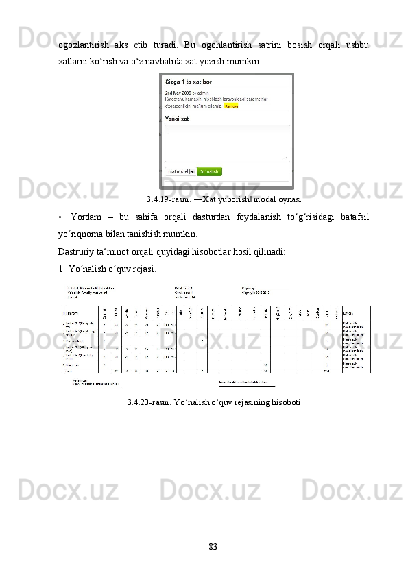 ogoxlantirish   aks   etib   turadi.   Bu   ogohlantirish   satrini   bosish   orqali   ushbu
xatlarni ko rish va o z navbatida xat yozish mumkin. ʻ ʻ
 
  3.4.19-rasm. ―Xat yuborish  modal oynasi 	
‖
• Yordam   –   bu   sahifa   orqali   dasturdan   foydalanish   to g risidagi   batafsil	
ʻ ʻ
yo riqnoma bilan tanishish mumkin. 	
ʻ
Dastruriy ta‘minot orqali quyidagi hisobotlar hosil qilinadi: 
1. Yo nalish o quv rejasi. 	
ʻ ʻ
3.4.20-rasm. Yo nalish o quv rejasining hisoboti 	
ʻ ʻ
 
 
 
 
 
 
 
 
  83   