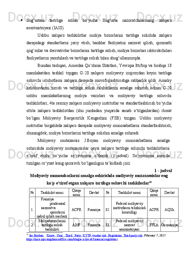  Sug‘urtani   tartibga   solish   bo yichaʻ   Sug‘urta   nazoratchilarining   xalqaro
assotsiatsiyasi (IAIS).
Ushbu   xalqaro   tashkilotlar   moliya   bozorlarini   tartibga   solishda   xalqaro
darajadagi   standartlarni   joriy   etish,   banklar   faoliyatini   nazorat   qilish,   qimmatli
qog‘ozlar va derivativlar bozorlarini tartibga solish, moliya bozorlari ishtirokchilari
faoliyatlarini yaxshilash va tartibga solish bilan shug‘ullanmoqda.
Bundan tashqari, Amerika Qo shma Shtatlari, Yevropa Ittifoqi va boshqa 18	
ʻ
mamlakatdan   tashkil   topgan   G-20   xalqaro   moliyaviy   inqirozdan   keyin   tartibga
soluvchi islohotlarni xalqaro darajada muvofiqlashtirishga rahbarlik qildi. Amaliy
kelishuvlarni   tuzish   va   tartibga   solish   islohotlarini   amalga   oshirish   uchun   G-20
ushbu   mamlakatlarning   moliya   vazirlari   va   moliyaviy   tartibga   soluvchi
tashkilotlari, 4ta rasmiy xalqaro moliyaviy institutlar va standartlashtirish bo yicha	
ʻ
oltita   xalqaro   tashkilotdan   (shu   jumladan   yuqorida   sanab   o tilganlardan)   iborat	
ʻ
bo lgan   Moliyaviy   Barqarorlik   Kengashini   (FSB)   tuzgan.   Ushbu   moliyaviy	
ʻ
institutlar birgalikda xalqaro darajada moliyaviy munosabatlarni standartlashtirish,
shuningdek, moliya bozorlarini tartibga solishni amalga oshiradi.
Moliyaviy   mutaxassis   J.Boyan   moliyaviy   munosabatlarni   amalga
oshirishda  moliyaviy  mutaxassislar  qaysi  xalqaro  tartibga   soluvchi  tashkilotlarni
e’tirof   etishi   bo yicha   so rovnoma   o tkazdi   (1-jadval).   So rovnoma   asosida	
ʻ ʻ ʻ ʻ
tuzilgan ro yxat keng qamrovli bo lganligini ta’kidlash joiz.	
ʻ ʻ
1 - jadval 
Moliyaviy munosabatlarni amalga oshirishda moliyaviy mutaxassislar eng
ko ʻ p  e’tirof etgan xalqaro tartibga soluvchi tashkilotlar 20
№ Tashkilot nomi Qisqa
nomi Davlat № Tashkilot nomi Qisqa
nomi Davlat
1. Fransiya
prudensial
nazorat va
qarorlarni
qabul qilish markazi ACPR Fransiya 32. Federal moliyaviy
institutlarni tekshirish
konsulligi ACPR AQSh
2. Moliya bozorlarini
tartibga solish
tashkiloti AMF Fransiya 33. Federal moliyaviy
nazorat
assosiatsiyasi FFSA Germaniya
20
  Joe Boyhan .    Know   Your   Third   Party ,  KYTP ,  vendor   risk ,  Regulation ,  Third party risk . February 7, 2017.
https://mco.mycomplianceoffice.com/blog/a-z-list-of-financial-regulators