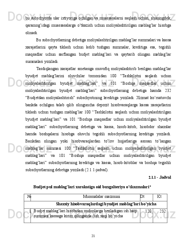 21bu   subschyotda   ular   ixtiyoriga   ochilgan   va   muassasalarni   saqlash   uchun,   shuningdek,
qaramog’idagi   muassasalarga   o’tkazish   uchun   moliyalashtirilgan   mablag’lar   hisobga
olinadi.
Bu subschyotlarning debetiga moliyalashtirilgan mablag’lar summalari va   kassa
xarajatlarini   qayta   tiklash   uchun   kelib   tushgan   summalar,   kreditiga   esa,   tegishli
maqsadlar   uchun   sarflangan   budjet   mablag’lari   va   qaytarib   olingan   mablag’lar
summalari   yoziladi.
Tasdiqlangan   xarajatlar   smetasiga   muvofiq   moliyalashtirib   berilgan   mablag’lar
byudjet   mablag’larini   oluvchilar   tomonidan   100   “Tashkilotni   saqlash   uchun
moliyalashtirilgan   byudjet   mablag’lari”   va   101   “Boshqa   maqsadlar   uchun
moliyalashtirilgan   byudjet   mablag’lari”   subschyotlarning   debetiga   hamda   232
“Budjetdan   moliyalashtirish”   subschyotining   kreditiga   yoziladi.   Xizmat   ko’rsatuvchi
bankda   ochilgan   talab   qilib   olinguncha   depozit   hisobvaraqlarga   kassa   xarajatlarini
tiklash   uchun   tushgan   mablag’lar   100   “Tashkilotni   saqlash   uchun   moliyalashtirilgan
byudjet   mablag’lari”   va   101   “Boshqa   maqsadlar   uchun   moliyalashtirilgan   byudjet
mablag’lari”   subschyotlarning   debetiga   va   kassa,   hisob-kitob,   hisobdor   shaxslar
hamda   boshqalarni   hisobga   oluvchi   tegishli   subschyotlarning   kreditiga   yoziladi.
Bankdan   olingan   yoki   hisobvaraqlardan   to’lov   hujjatlariga   asosan   to’langan
mablag’lar   summasi   100   “Tashkilotni   saqlash   uchun   moliyalashtirilgan   byudjet
mablag’lari”   va   101   “Boshqa   maqsadlar   uchun   moliyalashtirilgan   byudjet
mablag’lari”   subschyotlarning   kreditiga   va   kassa,   hisob-kitoblar   va   boshqa   tegishli
subschyotlarning debetiga   yoziladi   (2.1.1-jadval).
2.1.1 -   Jadval
Budjet   pul   mablag’lari   xarakatiga   oid   buxgalteriya   o’tkazmalari*
№ Muomalalar   mazmuni Dt Kt
Shaxsiy   hisobvaraqlardagi   byudjet   mablag’lari   bo’yicha
1 Budjet   mablag’lari   hisobidan   xodimlarga   beriladigan   ish   haqi
summasi   kassaga   kirim   qilinganda   (ish   xaqi   bo’yicha 120 232