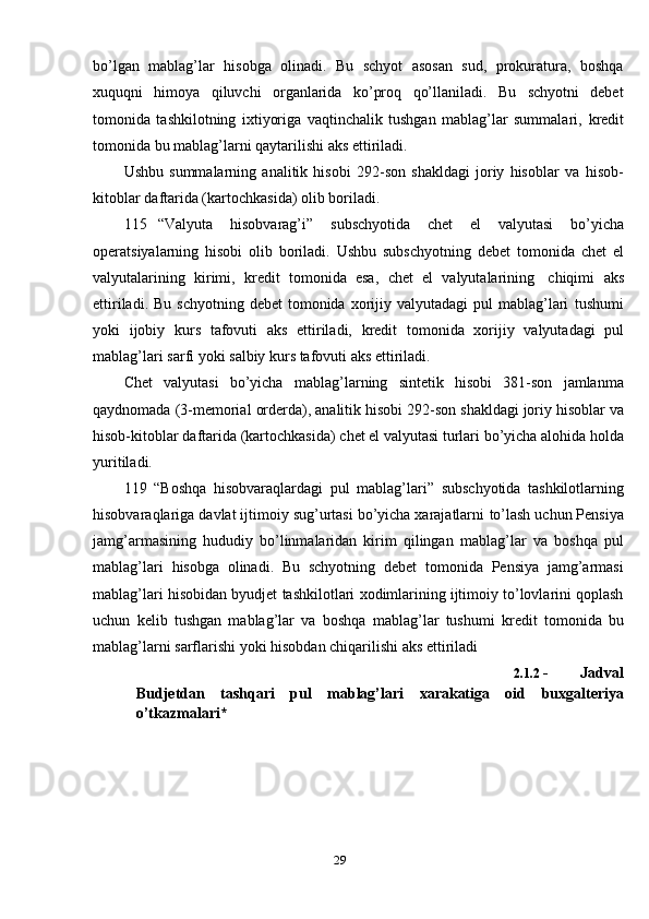 29bo’lgan   mablag’lar   hisobga   olinadi.   Bu   schyot   asosan   sud,   prokuratura,   boshqa
xuquqni   himoya   qiluvchi   organlarida   ko’proq   qo’llaniladi.   Bu   schyotni   debet
tomonida   tashkilotning   ixtiyoriga   vaqtinchalik   tushgan   mablag’lar   summalari,   kredit
tomonida bu   mablag’larni qaytarilishi   aks   ettiriladi.
Ushbu   summalarning   analitik   hisobi   292-son   shakldagi   joriy   hisoblar   va   hisob-
kitoblar   daftarida (kartochkasida)   olib   boriladi.
115 “Valyuta   hisobvarag’i”   subschyotida   chet   el   valyutasi   bo’yicha
operatsiyalarning   hisobi   olib   boriladi.   Ushbu   subschyotning   debet   tomonida   chet   el
valyutalarining   kirimi,   kredit   tomonida   esa,   chet   el   valyutalarining   chiqimi   aks
ettiriladi.  Bu  schyotning  debet  tomonida  xorijiy  valyutadagi  pul   mablag’lari   tushumi
yoki   ijobiy   kurs   tafovuti   aks   ettiriladi,   kredit   tomonida   xorijiy   valyutadagi   pul
mablag’lari   sarfi   yoki   salbiy   kurs   tafovuti   aks   ettiriladi.
Chet   valyutasi   bo’yicha   mablag’larning   sintetik   hisobi   381-son   jamlanma
qaydnomada   (3-memorial   orderda),   analitik   hisobi   292-son   shakldagi   joriy   hisoblar   va
hisob-kitoblar   daftarida   (kartochkasida)   chet   el   valyutasi   turlari   bo’yicha   alohida   holda
yuritiladi.
119   “Boshqa   hisobvaraqlardagi   pul   mablag’lari”   subschyotida   tashkilotlarning
hisobvaraqlariga davlat ijtimoiy sug’urtasi bo’yicha xarajatlarni   to’lash uchun Pensiya
jamg’armasining   hududiy   bo’linmalaridan   kirim   qilingan   mablag’lar   va   boshqa   pul
mablag’lari   hisobga   olinadi.   Bu   schyotning   debet   tomonida   Pensiya   jamg’armasi
mablag’lari   hisobidan   byudjet   tashkilotlari   xodimlarining ijtimoiy to’lovlarini qoplash
uchun   kelib   tushgan   mablag’lar   va   boshqa   mablag’lar   tushumi   kredit   tomonida   bu
mablag’larni sarflarishi   yoki   hisobdan chiqarilishi   aks   ettiriladi
2.1.2 -   Jadval
Budjetdan   tashqari   pul   mablag’lari   xarakatiga   oid   buxgalteriya
o’tkazmalari*