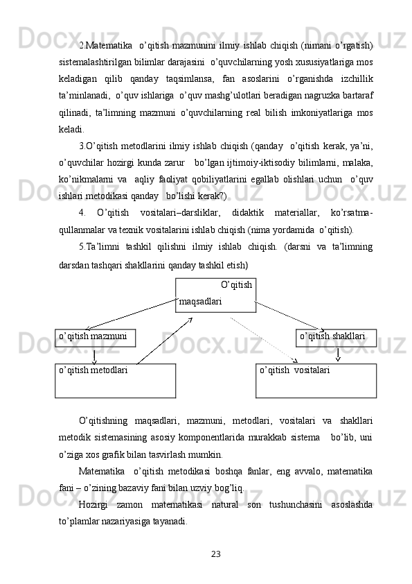 2. Matematika     o ’ qitish   mazmunini   ilmiy   ishlab   chiqish   ( nimani   o ’ rgatish )
sistemalashtirilgan   bilimlar   darajasini    o ’ quvchilarning   yosh   xususiyatlariga   mos
keladigan   qilib   qanday   taqsimlansa ,   fan   asoslarini   o ’ rganishda   izchillik
ta ’ minlanadi ,   o ’ quv   ishlariga    o ’ quv   mash g’ ulotlari   beradigan   nagruzka   bartaraf
qilinadi ,   ta ’ limning   mazmuni   o ’ quvchilarning   real   bilish   imkoniyatlariga   mos
keladi .
3. O ’ qitish   metodlarini   ilmiy   ishlab   chiqish   ( qanday     o ’ qitish   kerak ,   ya ’ ni ,
o ’ quvchilar   hozirgi   kunda   zarur       bo ’ lgan   ijtimoiy- iktisodiy   bilimlarni ,   malaka ,
ko ’ nikmalarni   va     aqliy   faoliyat   qobiliyatlarini   egallab   olishlari   uchun     o ’ quv
ishlari   metodikasi   qanday     bo ’ lishi   kerak ? )
4.   O’qitish   vositalari–darsliklar,   didaktik   materiallar,   ko’rsatma-
qullanmalar va texnik vositalarini ishlab chiqish (nima yordamida  o’qitish).
5.Ta’limni   tashkil   qilishni   ilmiy   ishlab   chiqish.   (darsni   va   ta’limning
darsdan tashqari shakllarini qanday tashkil etish )
      O’qitish
maqsadlari  
o’qitish mazmuni o’qitish  shakl lari
o’qitish metodlari  o’qitish  vositalari
O’qitishning   maqsadlari,   mazmuni,   metodlari,   vositalari   va   shakl lari
metodik   sistemasining   asosiy   komponentlarida   murakkab   sistema       bo’lib,   uni
o’ziga xos grafik bilan tasvirlash mumkin.
Matematika     o ’ qitish   metodikasi   boshqa   fanlar ,   eng   avvalo ,   matematika
fani  –  o ’ zining   bazaviy   fani   bilan   uzviy   bog ’ liq .
Hozirgi   zamon   matematikasi   natural   son   tushunchasini   asoslashda
to ’ plamlar   nazariyasiga   tayanadi .
23 