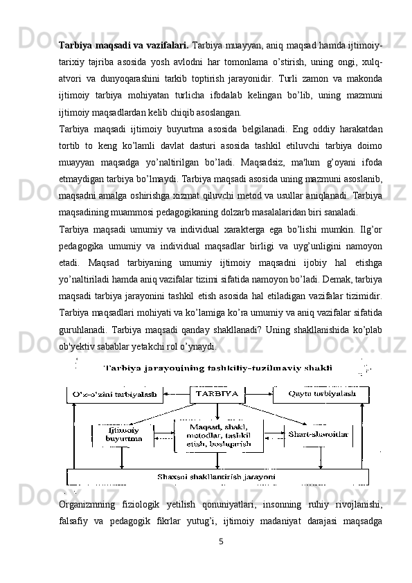 Tarbiya maqsadi va vazifalari.   Tarbiya muayyan, aniq maqsad hamda ijtimoiy-
tarixiy   tajriba   asosida   yosh   avlodni   har   tomonlama   o’stirish,   uning   ongi,   xulq-
atvori   va   dunyoqarashini   tarkib   toptirish   jarayonidir.   Turli   zamon   va   makonda
ijtimoiy   tarbiya   mohiyatan   turlicha   ifodalab   k е lingan   bo’lib,   uning   mazmuni
ijtimoiy maqsadlardan k е lib chiqib asoslangan.
Tarbiya   maqsadi   ijtimoiy   buyurtma   asosida   b е lgilanadi.   Eng   oddiy   harakatdan
tortib   to   keng   ko’lamli   davlat   dasturi   asosida   tashkil   etiluvchi   tarbiya   doimo
muayyan   maqsadga   yo’naltirilgan   bo’ladi.   Maqsadsiz,   ma'lum   g’oyani   ifoda
etmaydigan tarbiya bo’lmaydi. Tarbiya maqsadi asosida uning mazmuni asoslanib,
maqsadni amalga oshirishga xizmat qiluvchi metod va usullar aniqlanadi. Tarbiya
maqsadining muammosi pedagogikaning dolzarb masalalaridan biri sanaladi.
Tarbiya   maqsadi   umumiy   va   individual   xarakterga   ega   bo’lishi   mumkin.   Ilg’or
pedagogika   umumiy   va   individual   maqsadlar   birligi   va   uyg’unligini   namoyon
etadi.   Maqsad   tarbiyaning   umumiy   ijtimoiy   maqsadni   ijobiy   hal   etishga
yo’naltiriladi hamda aniq vazifalar tizimi sifatida namoyon bo’ladi. Demak, tarbiya
maqsadi   tarbiya   jarayonini   tashkil   etish   asosida   hal   etiladigan   vazifalar   tizimidir.
Tarbiya maqsadlari mohiyati va ko’lamiga ko’ra umumiy va aniq vazifalar sifatida
guruhlanadi.   Tarbiya   maqsadi   qanday   shakllanadi?   Uning   shakllanishida   ko’plab
ob'yektiv sabablar yetakchi rol o’ynaydi. 
Organizmning   fiziologik   yetilish   qonuniyatlari,   insonning   ruhiy   rivojlanishi,
falsafiy   va   pedagogik   fikrlar   yutug’i,   ijtimoiy   madaniyat   darajasi   maqsadga
5 