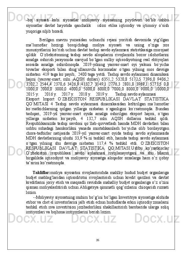 -boj   siyosati   kabi   siyosatlar   moliyaviy   siyosatning   poydevori   bo’lib   ushbu
siyosatlar   davlat   hayotida   qanchalik       islox   etilsa   iqtisodiy   va   ijtimoiy   o’sish
yuqoriga siljib boradi.
            Berilgan   mavzu   yuzasidan   uchunchi   rejani   yoritish   davomida   yig’ilgan
ma’lumotlar   hozirgi   bosqichdagi   moliya   siyosati   va   uning   o’ziga   xos
xususiystlarini ko’rish uchun davlat tashqi savdo aylanmasi statistikasiga murojaat
qildik     O`zbekistonning   tashqi   savdo   aloqalarini   rivojlanishi   bozor   islohotlarini
amalga   oshirish   jarayonida   mavjud   bo`lgan   milliy   iqtisodiyotning   real   ehtiyojlari
asosida   amalga   oshirilmoqda.   2019-yilning   yanvar-mart   oyi   yakuni   bo`yicha
tovarlar   eksporti   bilan   shug`ullanuvchi   korxonalar   o`tgan   yilning   mos   davriga
nisbatan   419 taga ko`payib,   2400 taga yetdi. Tashqi savdo aylanmasi dinamikasi
hajmi   (yanvar-mart,   mln.   AQSH   dollari)   6351,2   5320,8   5172,5   7396,0   9406,2
3202,2   2544,4   2370,6   3426,9   4132,7   3149,1   2776,3   2801,8   3969,1   5273,5   0,0
1000,0   2000,0   3000,0   4000,0   5000,0   6000,0   7000,0   8000,0   9000,0   10000,0
2015 y.     2016 y.    2017 y.    2018 y.    2019 y.      Tashqi savdo aylanmasi 
Eksport   Import   O`ZBEKISTON   RESPUBLIKASI   DAVLAT   STATISTIKA
QO`MITASI   4   Tashqi   savdo   aylanmasi   dinamikasidan   keltirilgan   ma`lumotlar
ko`rsatkichlarning   qolgan   yillarga   nisbatan   o`sganligini   ko`rsatmoqda.   Bundan
tashqari,   2019-yil   yanvar-mart   oyida   amalga   oshirilgan   eksport   hajmi,   o`tgan
yillarga   nisbatan   ko`payib,   4   132,7   mln.   AQSH   dollarini   tashkil   qildi.
Respublikamizda   tashqi   savdoni   qo`llab-quvvatlash   hamda   MDH   davlatlari   bilan
ushbu   sohadagi   hamkorlikni   yanada   mustahkamlash   bo`yicha   olib   borilayotgan
chora-tadbirlar   natijasida   2019-yil   yanvar-mart   oyida   tashqi   savdo   aylanmasida
MDH davlatlarining ulushi  33,9 %  ni  tashkil  etib, hamda  tashqi  savdo  aylanmasi
o`tgan   yilning   shu   davriga   nisbatan   117,4   %   tashkil   etdi.   O`ZBEKISTON
RESPUBLIKASI   DAVLAT   STATISTIKA   QO`MITASI.Ushbu   ko’rsatkisclar
O’zbekiston   respublikasi   savdo   aylanmasi   rivojlanayotgani   va   shu   bilamn
birgalikda   iqtisodiyot   va   moliyaviy   siyosatga   aloqador   soxalarga   ham   o’z   ijobiy
ta’sirini ko’rsatmoqda.
        Takliflar: moliya   siyosatini   rivojlantirishda   mahlliy   hudud   budjet   organlariga
budjet   mablag’laridan   iqtisoditotni   rivojlantirish   uchun   kredit   qarzlari   va   davlat
kreditlarini joriy etish va maqsadli ravishda mahalliy budjet organlariga o’z o’zini
qisman moliyalashtirish uchun Abligatsya qimmatli qog’ozlarini chioqarish ruxsati
lozim.
      --Moliyaviy siyosatning muhim bo’g’ini bo’lgan Investitsya siyosatiga alohida
etibor va chet el investorlarini jalb etish echun hududlarda erkin iqtisodiy zonalarni
tashkil  etish  nva investitsion  jozibadorlikni  shakillantirish  barobarida ularga soliq
imtiyozlari va bojhona imtiyozlarini berish lozim.
 
35