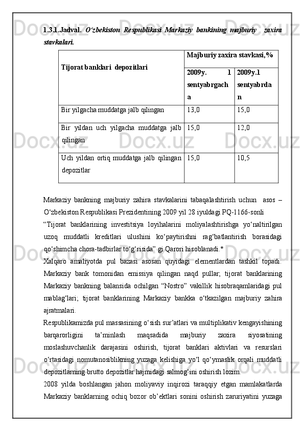 1.3.1.Jadval.   O‘zbekiston   Respublikasi   Markaziy   bankining   majburiy     zaxira
stavkalari. 
Tijorat banklari  depozitlari Majburiy zaxira stavkasi,%
2009y.   1
sentyabrgach
a 2009y.1
sentyabrda
n
Bir yilgacha muddatga jalb qilingan 13,0 15,0
Bir   yildan   uch   yilgacha   muddatga   jalb
qilingan 15,0 12,0
Uch   yildan   ortiq   muddatga   jalb   qilingan
depozitlar 15,0 10,5
Markaziy   bankning   majburiy   zahira   stavkalarini   tabaqalashtirish   uchun     asos   –
O‘zbekiston Respublikasi Prezidentining 2009 yil 28 iyuldagi PQ-1166-sonli 
“Tijorat   banklarining   investitsiya   loyihalarini   moliyalashtirishga   yo‘naltirilgan
uzoq   muddatli   kreditlari   ulushini   ko‘paytirishni   rag‘batlantirish   borasidagi
qo‘shimcha chora-tadbirlar to‘g‘risida” gi Qarori hisoblanadi.* 
Xalqaro   amaliyotda   pul   bazasi   asosan   quyidagi   elementlardan   tashkil   topadi:
Markaziy   bank   tomonidan   emissiya   qilingan   naqd   pullar;   tijorat   banklarining
Markaziy   bankning   balansida   ochilgan   “Nostro”   vakillik   hisobraqamlaridagi   pul
mablag‘lari;   tijorat   banklarining   Markaziy   bankka   o‘tkazilgan   majburiy   zahira
ajratmalari. 
Respublikamizda pul massasining o‘sish sur’atlari va multiplikativ kengayishining
barqarorligini   ta’minlash   maqsadida   majburiy   zaxira   siyosatining
moslashuvchanlik   darajasini   oshirish,   tijorat   banklari   aktivlari   va   resurslari
o‘rtasidagi   nomutanosiblikning   yuzaga   kelishiga   yo‘l   qo‘ymaslik   orqali   muddatli
depozitlarning brutto depozitlar hajmidagi salmog‘ini oshirish lozim. 
2008   yilda   boshlangan   jahon   moliyaviy   inqirozi   taraqqiy   etgan   mamlakatlarda
Markaziy   banklarning   ochiq   bozor   ob’ektlari   sonini   oshirish   zaruriyatini   yuzaga 