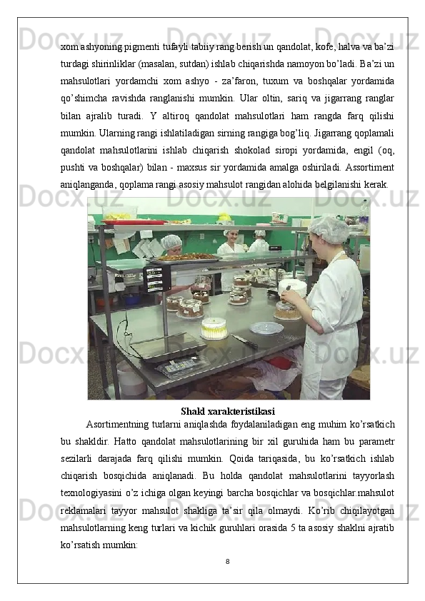 xom ashyoning pigmenti tufayli tabiiy rang berish un qandolat, kofe, halva va ba’zi
turdagi shirinliklar (masalan, sutdan) ishlab chiqarishda namoyon bo’ladi. Ba’zi un
mahsulotlari   yordamchi   xom   ashyo   -   za’faron,   tuxum   va   boshqalar   yordamida
qo’shimcha   ravishda   ranglanishi   mumkin.   Ular   oltin,   sariq   va   jigarrang   ranglar
bilan   ajralib   turadi.   Y   altiroq   qandolat   mahsulotlari   ham   rangda   farq   qilishi
mumkin. Ularning rangi ishlatiladigan sirning rangiga bog’liq. Jigarrang qoplamali
qandolat   mahsulotlarini   ishlab   chiqarish   shokolad   siropi   yordamida,   engil   (oq,
pushti va boshqalar) bilan - maxsus sir yordamida amalga oshiriladi. Assortiment
aniqlanganda, qoplama rangi asosiy mahsulot rangidan alohida belgilanishi kerak.
Shakl xarakteristikasi
Asortimentning turlarni aniqlashda foydalaniladigan eng muhim ko’rsatkich
bu   shakldir.   Hatto   qandolat   mahsulotlarining   bir   xil   guruhida   ham   bu   parametr
sezilarli   darajada   farq   qilishi   mumkin.   Qoida   tariqasida,   bu   ko’rsatkich   ishlab
chiqarish   bosqichida   aniqlanadi.   Bu   holda   qandolat   mahsulotlarini   tayyorlash
texnologiyasini o’z ichiga olgan keyingi barcha bosqichlar va bosqichlar.mahsulot
reklamalari   tayyor   mahsulot   shakliga   ta’sir   qila   olmaydi.   Ko’rib   chiqilayotgan
mahsulotlarning keng turlari va kichik guruhlari orasida 5 ta asosiy shaklni ajratib
ko’rsatish mumkin:
8 