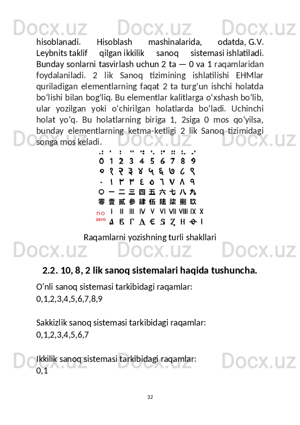 hisoblanadi.   Hisoblash   mashinalarida,   odatda,   G.V.
Leybnits   taklif   qilgan   ikkilik   sanoq   sistemasi   ishlatiladi.
Bunday sonlarni tasvirlash uchun 2 ta   — 0 va 1   raqamlaridan
foydalaniladi.   2   lik   Sanoq   tizimining   ishlatilishi   EHMlar
quriladigan   elementlarning   faqat   2   ta   turgʻun   ishchi   holatda
boʻlishi bilan bogʻliq. Bu elementlar kalitlarga oʻxshash boʻlib,
ular   yozilgan   yoki   oʻchirilgan   holatlarda   boʻladi.   Uchinchi
holat   yoʻq.   Bu   holatlarning   biriga   1,   2siga   0   mos   qoʻyilsa,
bunday   elementlarning   ketma-ketligi   2   lik   Sanoq   tizimidagi
songa mos keladi.
Raqamlarni yozishning turli shakllari
2.2. 10, 8, 2 lik sanoq sistemalari haqida tushuncha.
O'nli sanoq sistemasi tarkibidagi raqamlar:
0,1,2,3,4,5,6,7,8,9
Sakkizlik sanoq sistemasi tarkibidagi raqamlar:
0,1,2,3,4,5,6,7
Ikkilik sanoq sistemasi tarkibidagi raqamlar:
0,1
32 