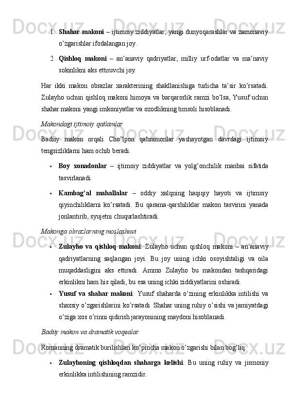 1. Shahar makoni   – ijtimoiy ziddiyatlar, yangi dunyoqarashlar va zamonaviy
o’zgarishlar ifodalangan joy.
2. Qishloq   makoni   –   an’anaviy   qadriyatlar,   milliy   urf-odatlar   va   ma’naviy
sokinlikni aks ettiruvchi joy.
Har   ikki   makon   obrazlar   xarakterining   shakllanishiga   turlicha   ta’sir   ko’rsatadi.
Zulayho uchun qishloq makoni himoya va barqarorlik ramzi bo’lsa, Yusuf  uchun
shahar makoni yangi imkoniyatlar va ozodlikning timsoli hisoblanadi.
Makondagi ijtimoiy qatlamlar
Badiiy   makon   orqali   Cho’lpon   qahramonlar   yashayotgan   davrdagi   ijtimoiy
tengsizliklarni ham ochib beradi.
 Boy   xonadonlar   –   ijtimoiy   ziddiyatlar   va   yolg’onchilik   manbai   sifatida
tasvirlanadi.
 Kambag’al   mahallalar   –   oddiy   xalqning   haqiqiy   hayoti   va   ijtimoiy
qiyinchiliklarni   ko’rsatadi.   Bu   qarama-qarshiliklar   makon   tasvirini   yanada
jonlantirib, syujetni chuqurlashtiradi.
Makonga obrazlarning moslashuvi
 Zulayho   va   qishloq   makoni :   Zulayho   uchun   qishloq   makoni   –   an’anaviy
qadriyatlarning   saqlangan   joyi.   Bu   joy   uning   ichki   osoyishtaligi   va   oila
muqaddasligini   aks   ettiradi.   Ammo   Zulayho   bu   makondan   tashqaridagi
erkinlikni ham his qiladi, bu esa uning ichki ziddiyatlarini oshiradi.
 Yusuf   va   shahar   makoni :   Yusuf   shaharda   o’zining   erkinlikka   intilishi   va
shaxsiy o’zgarishlarini ko’rsatadi. Shahar uning ruhiy o’sishi va jamiyatdagi
o’ziga xos o’rinni qidirish jarayonining maydoni hisoblanadi.
Badiiy makon va dramatik voqealar
Romanning dramatik burilishlari ko’pincha makon o’zgarishi bilan bog’liq:
 Zulayhoning   qishloqdan   shaharga   kelishi :   Bu   uning   ruhiy   va   jismoniy
erkinlikka intilishining ramzidir. 